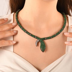 IGI Certified 28.42 Carat Diamond and Emerald Snake Statement Necklace 8K Gold
