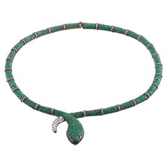 IGI Certified 28.42 Carat Diamond and Emerald Snake Statement Necklace 8K Gold