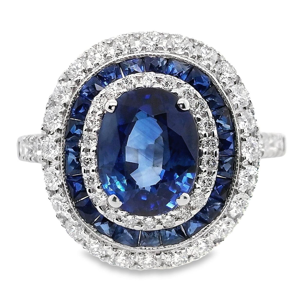 This alluring intense-blue sapphire ring can’t help but evoke feelings of style and glamour.
Natural sapphires accented by white sparkling diamonds is a classic symbol of love and beauty.

This ring is certified by IGI laboratory, report number: