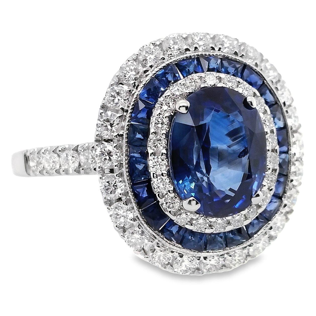 IGI Certified 2.87ct Natural Sapphires and 0.74ct Diamonds 18k White Gold Ring For Sale 1