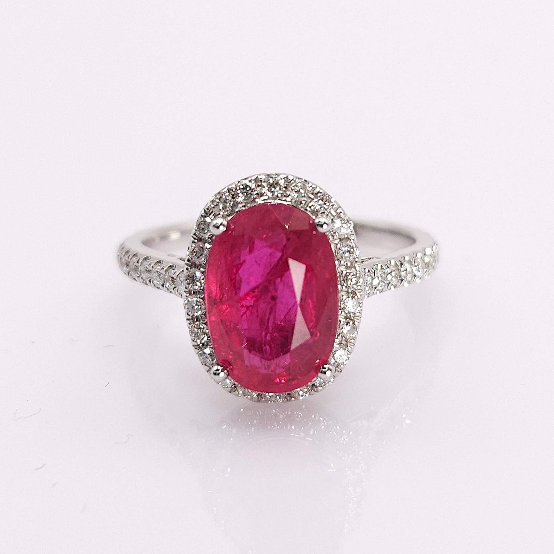 Oval Cut IGI Certified 2.89 Carat Ruby & Diamond Ring in 18K White Gold For Sale