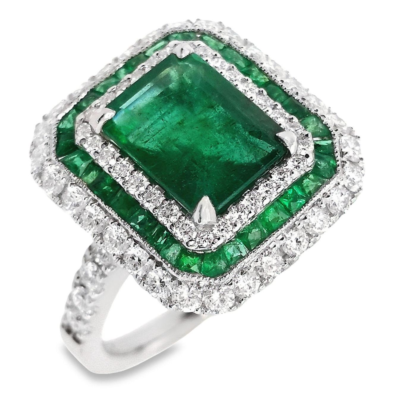 Women's IGI Certified 2.89ct Natural Emeralds 0.87 Carat Natural Diamonds 18K Gold Ring For Sale