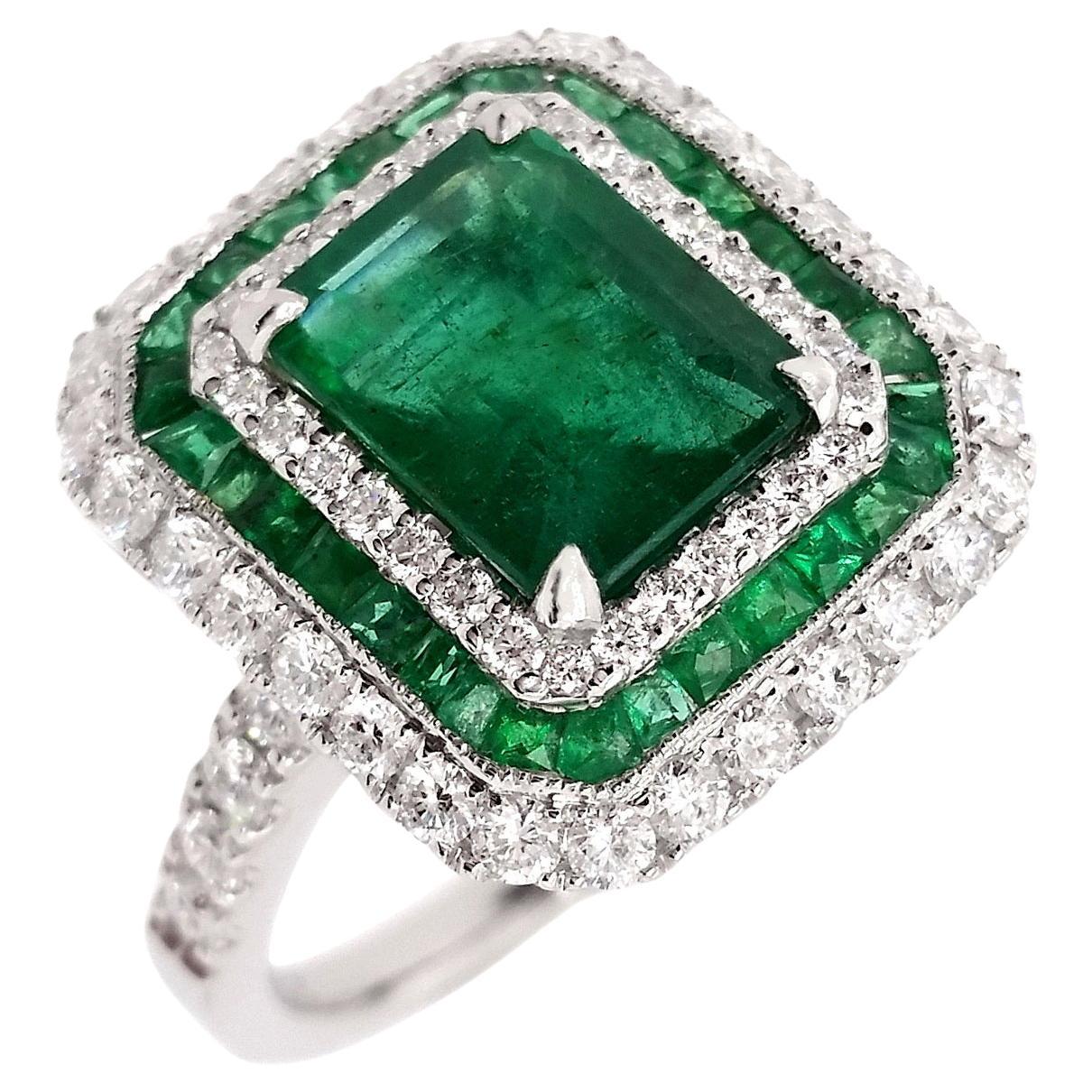 IGI Certified 2.89ct Natural Emeralds 0.87 Carat Natural Diamonds 18K Gold Ring