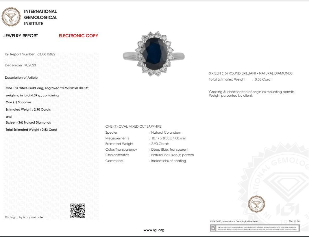 IGI Certified 2.90 Carat Blue Sapphire & Diamond Ring in 18K White Gold For Sale 3