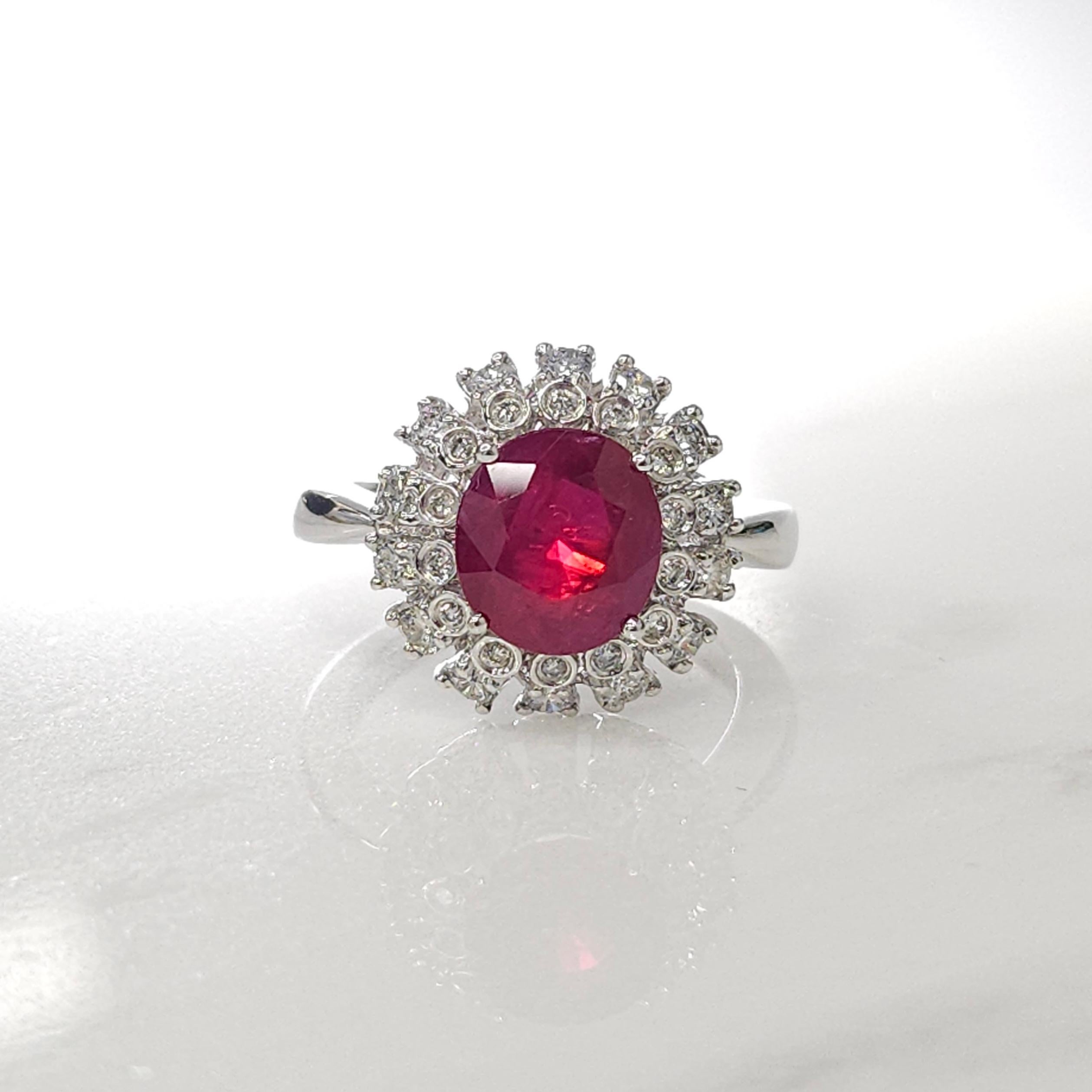 Oval Cut IGI Certified 2.91 Carat Ruby & Diamond Ring in 18K White Gold For Sale