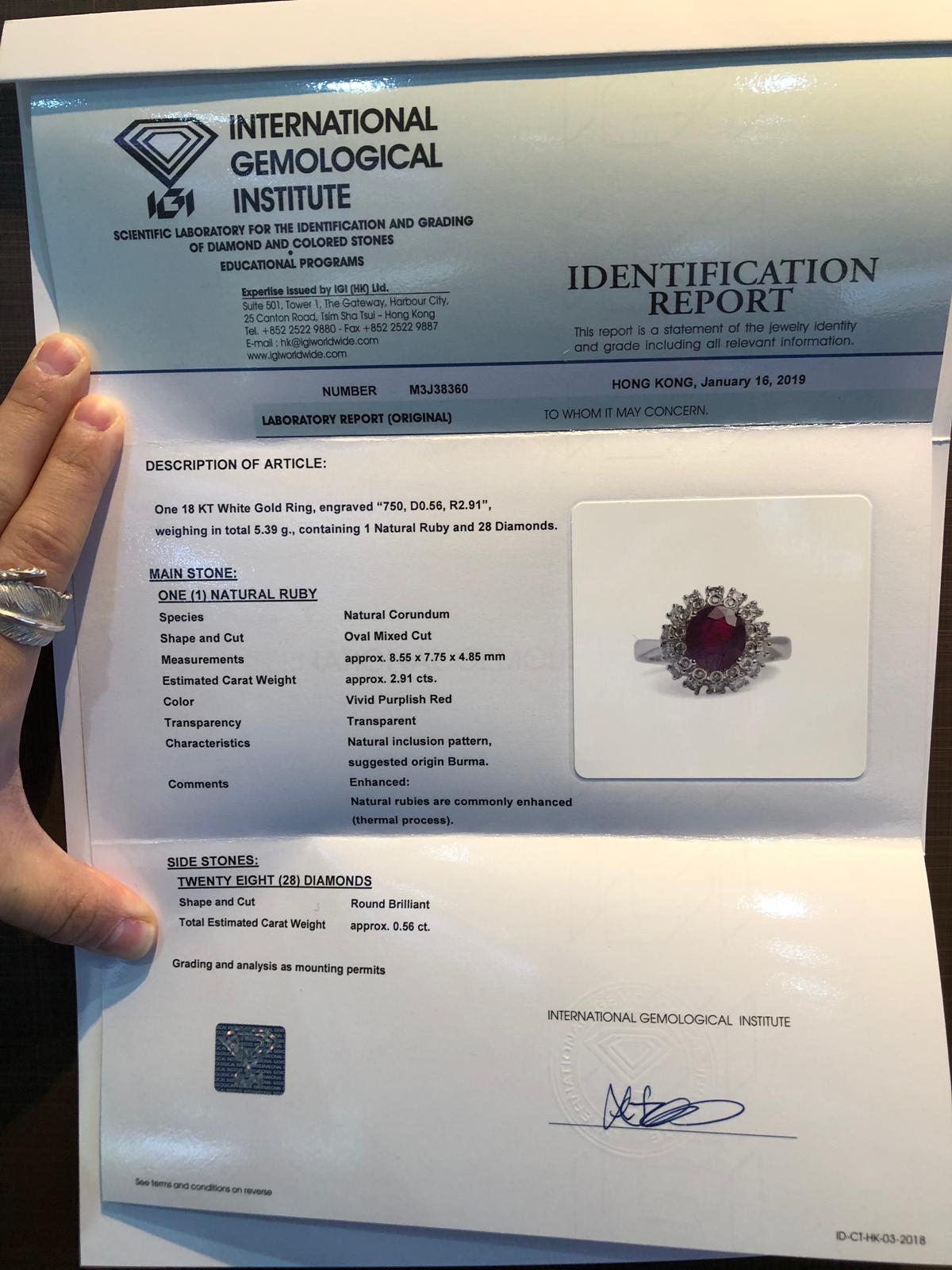 IGI Certified 2.91 Carat Ruby & Diamond Ring in 18K White Gold For Sale 7