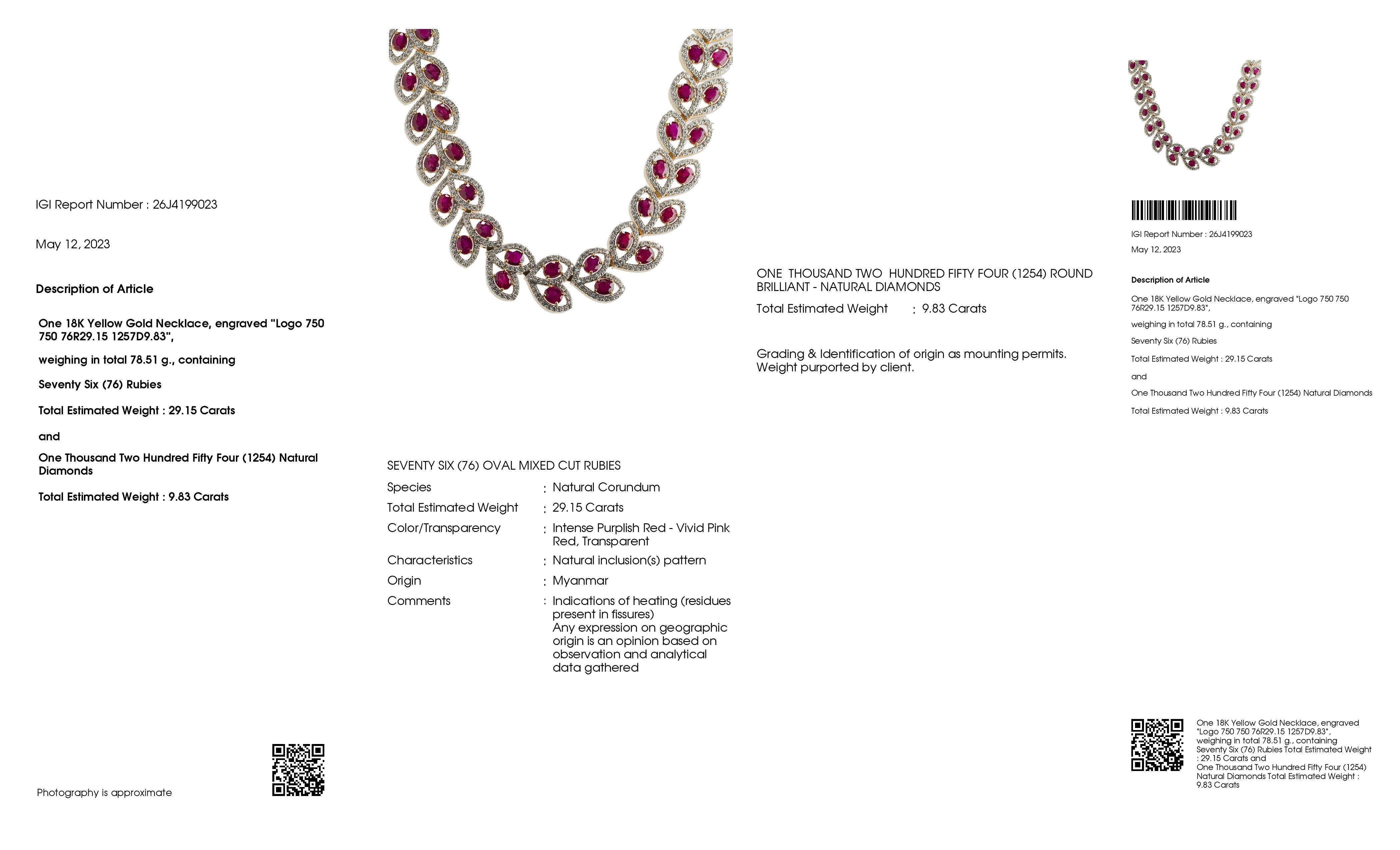 IGI Certified 29.15ct Natural Burma Rubies 9.83ct Natural Diamonds Gold Necklace For Sale 1