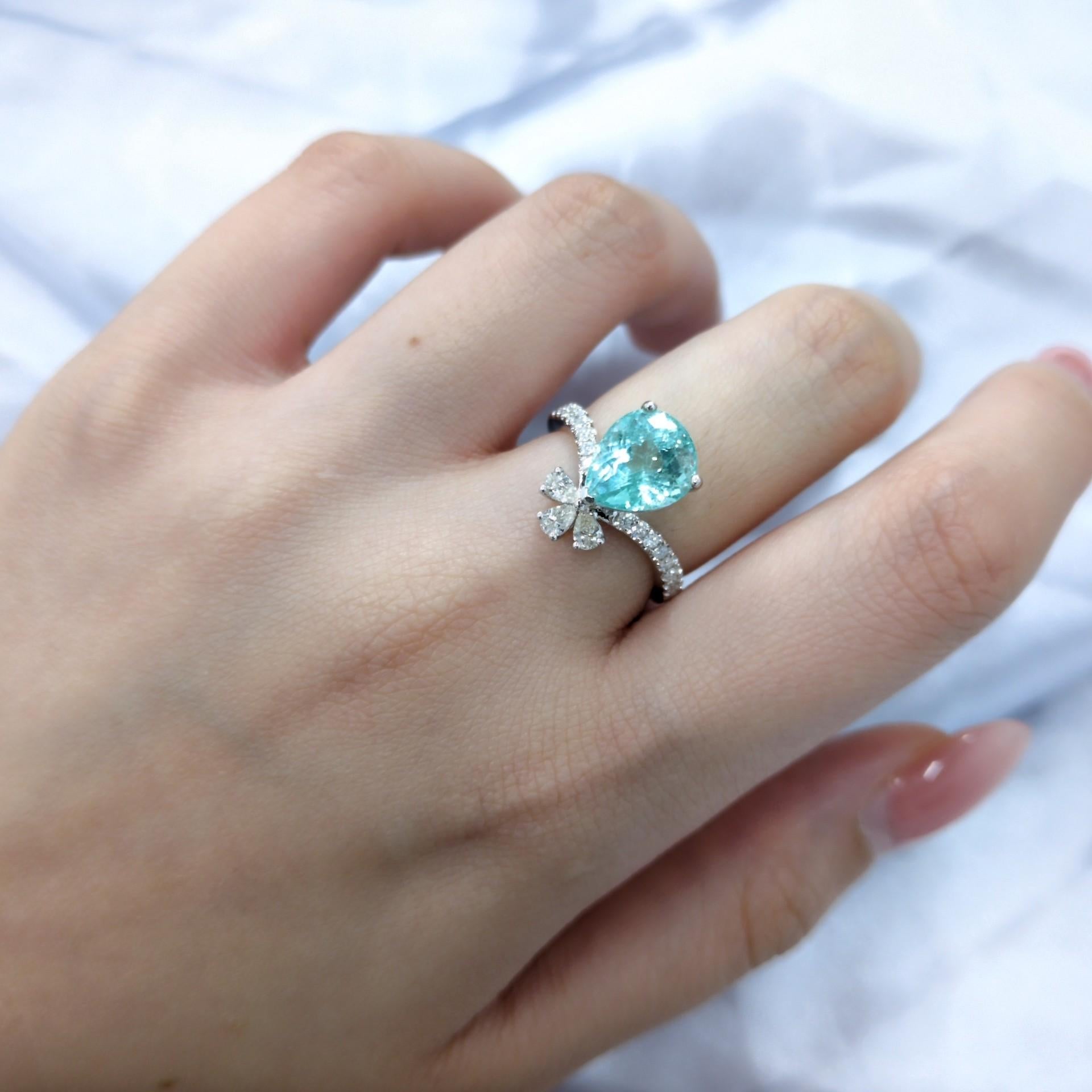 Pear Cut IGI Certified 2.93 Carat Paraiba & Diamond Ring in 18K White Gold For Sale