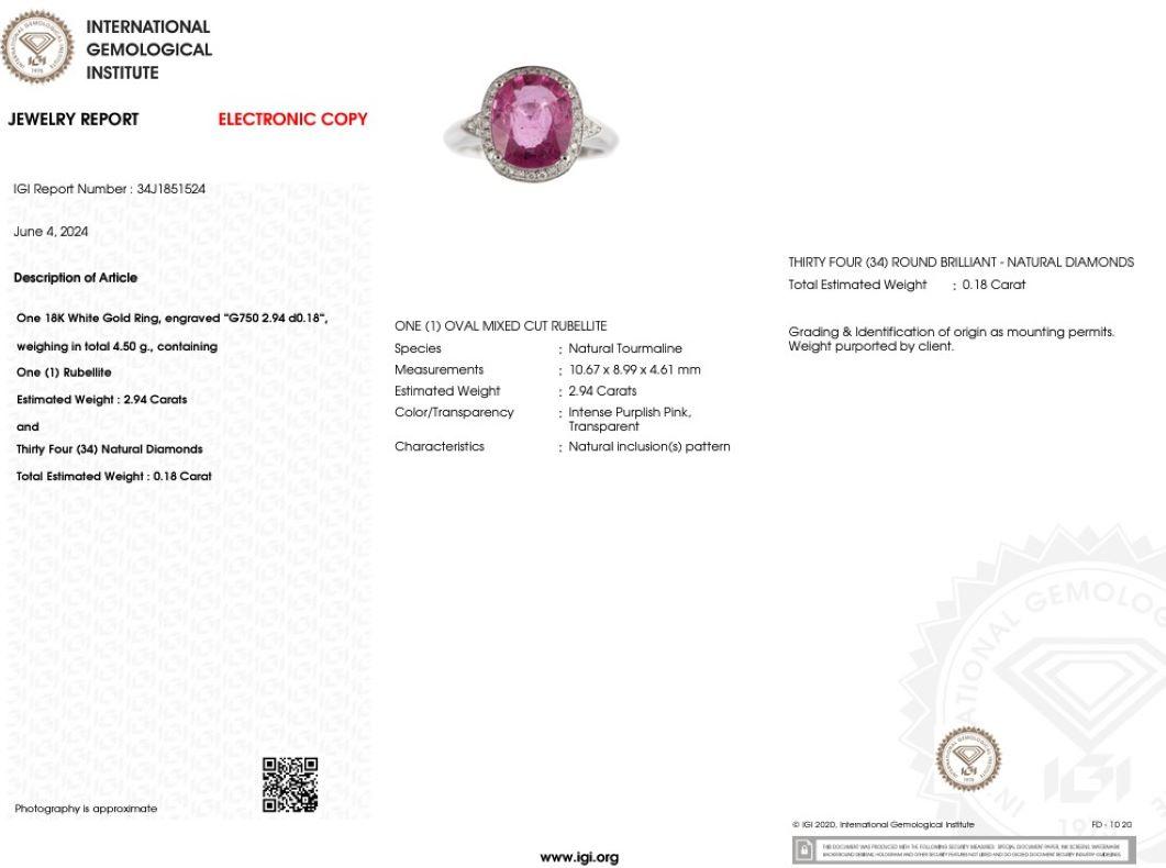 Moderno Anello con rubellite rosa e diamanti certificato IGI da 2,94 carati in oro bianco 18 carati in vendita