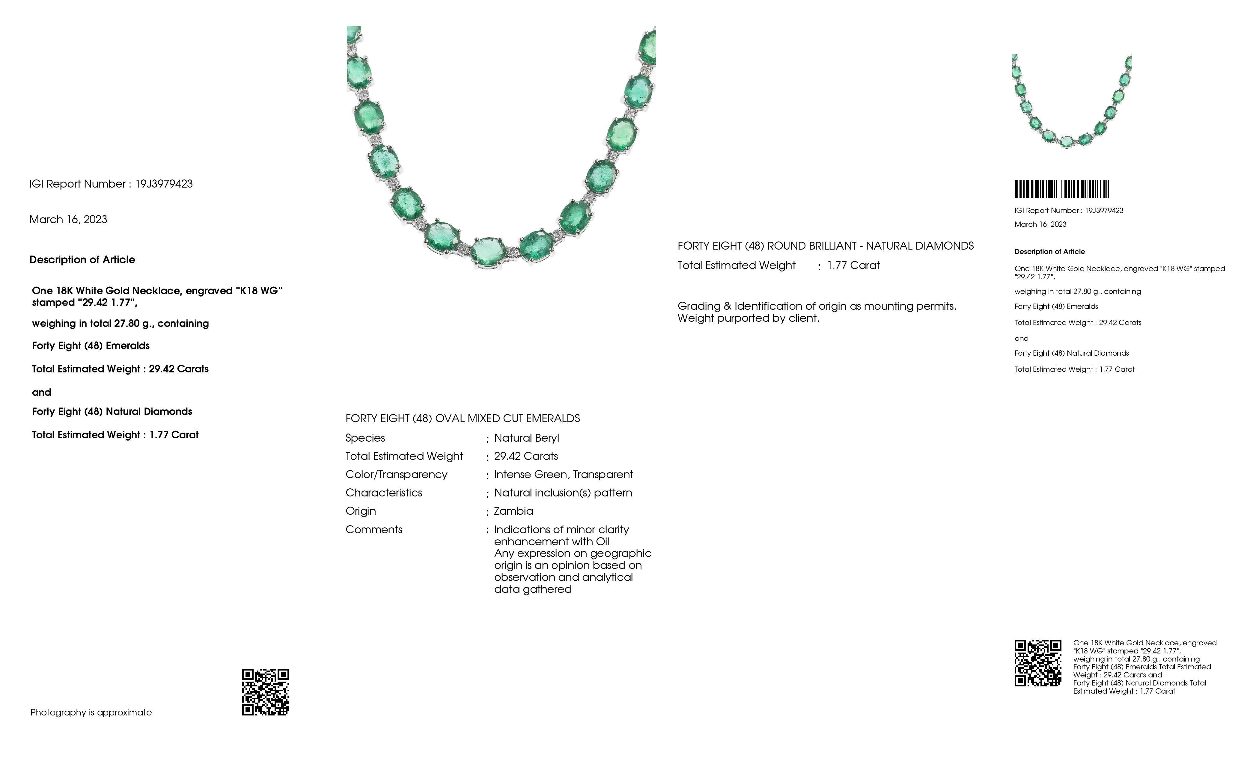 IGI Certified 29.42ct Natural Emeralds 1.77ct Natural Diamonds Gold Necklace For Sale 1
