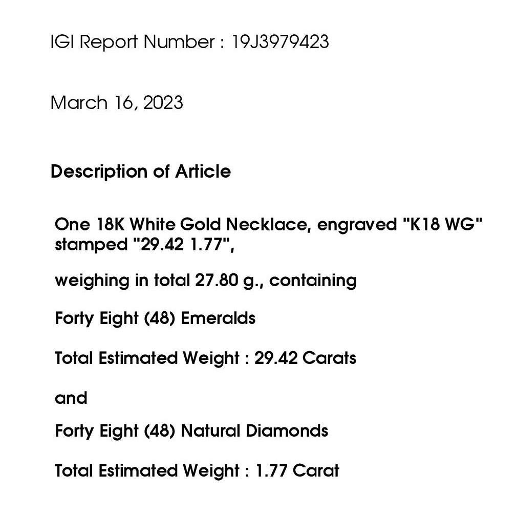IGI Certified 29.42ct Natural Emeralds 1.77ct Natural Diamonds Gold Necklace For Sale 2