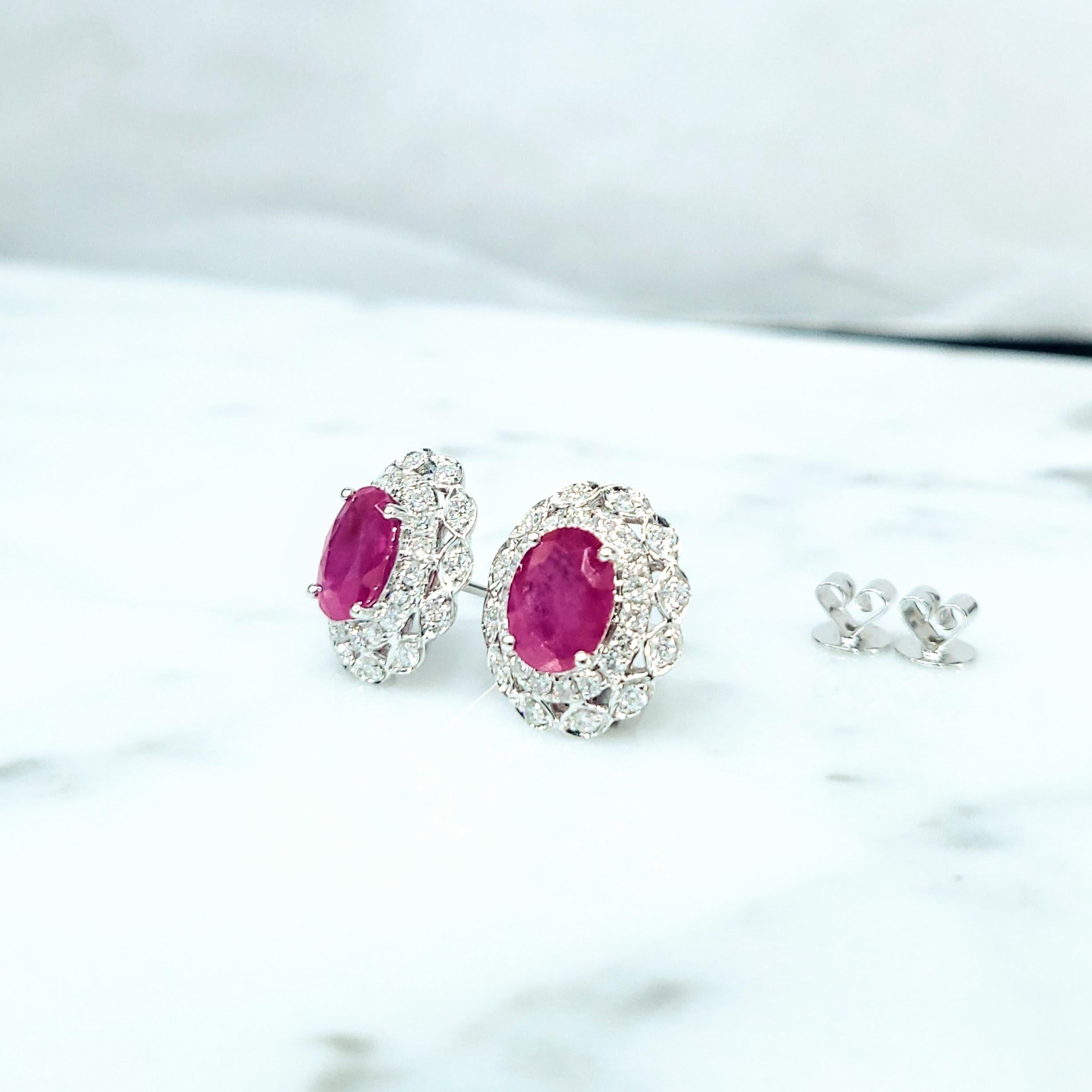 IGI Certified 2.96 Carat Burma Ruby & Diamond Earrings in 18K White Gold For Sale 4