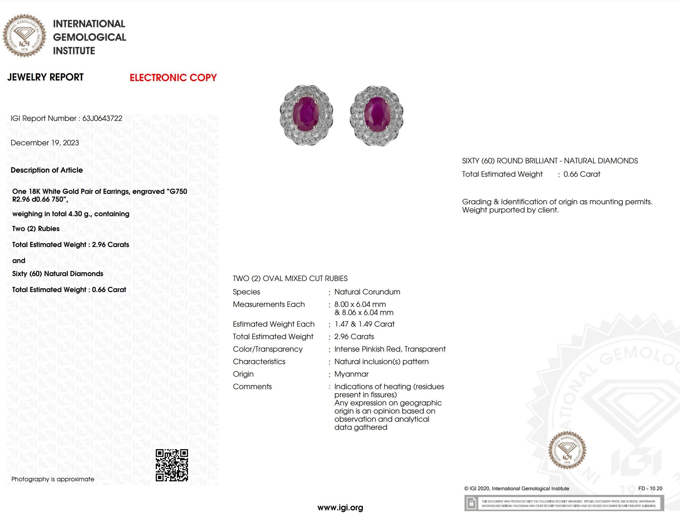 Modern IGI Certified 2.96 Carat Burma Ruby & Diamond Earrings in 18K White Gold For Sale