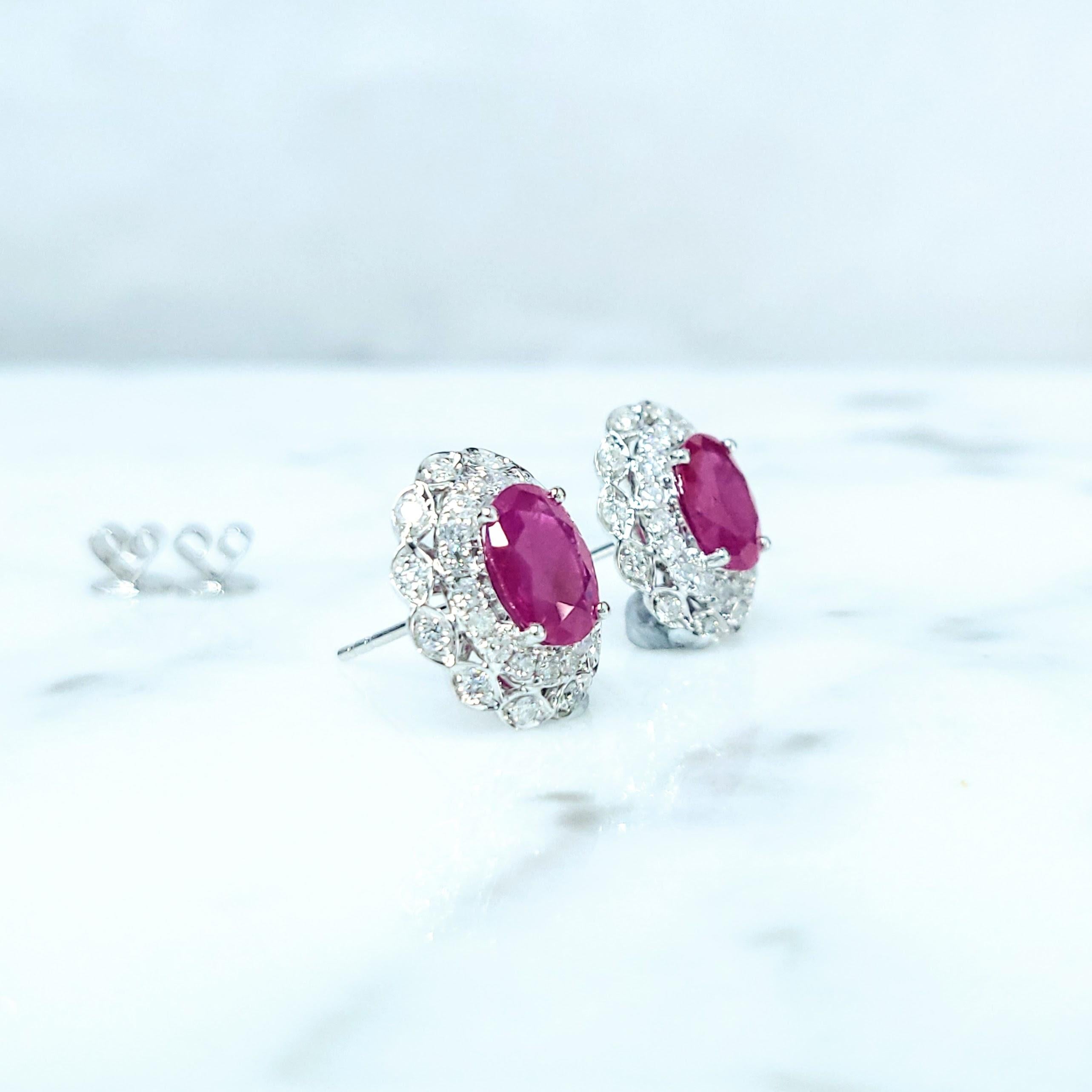 Oval Cut IGI Certified 2.96 Carat Burma Ruby & Diamond Earrings in 18K White Gold For Sale