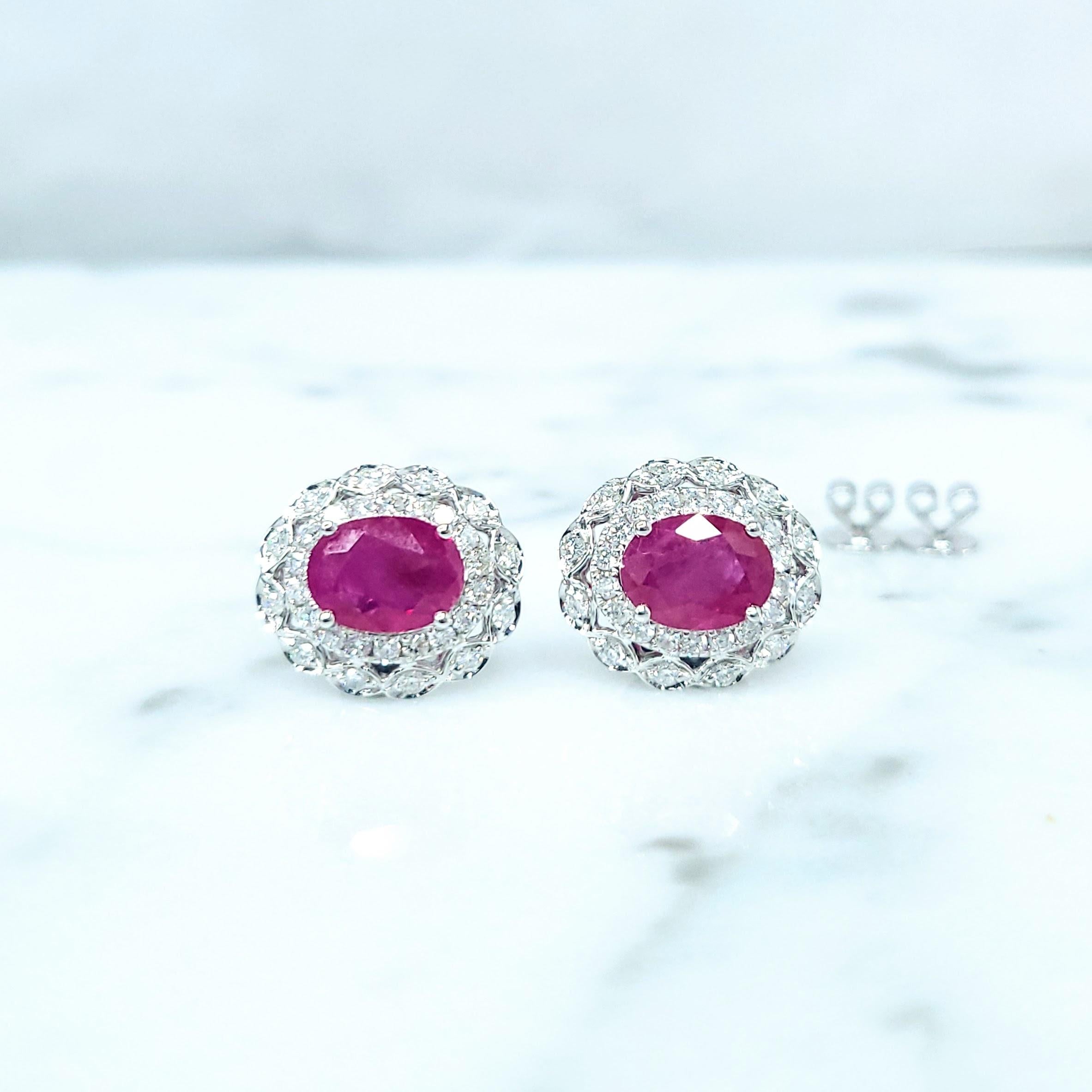 Women's IGI Certified 2.96 Carat Burma Ruby & Diamond Earrings in 18K White Gold For Sale