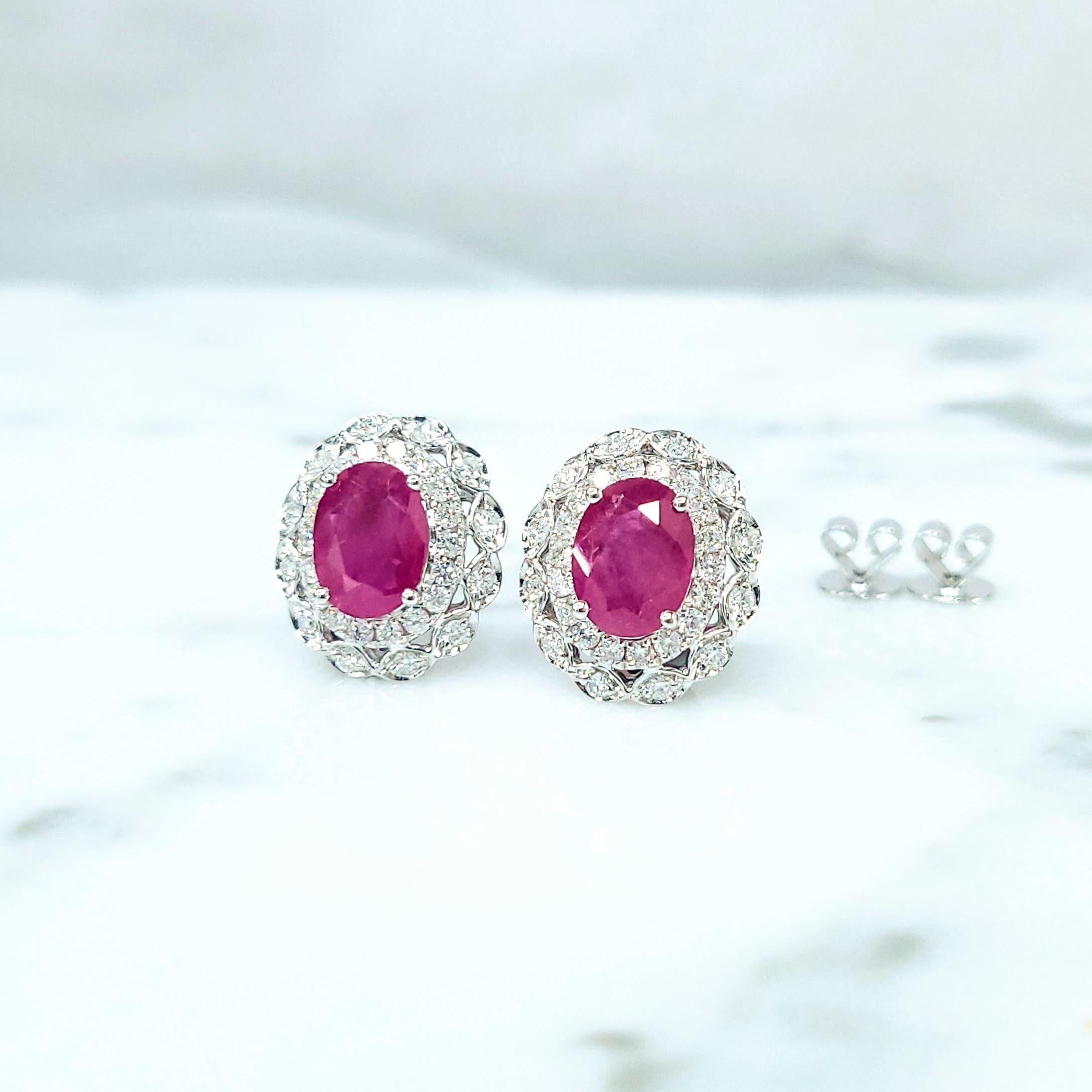 IGI Certified 2.96 Carat Burma Ruby & Diamond Earrings in 18K White Gold For Sale 2