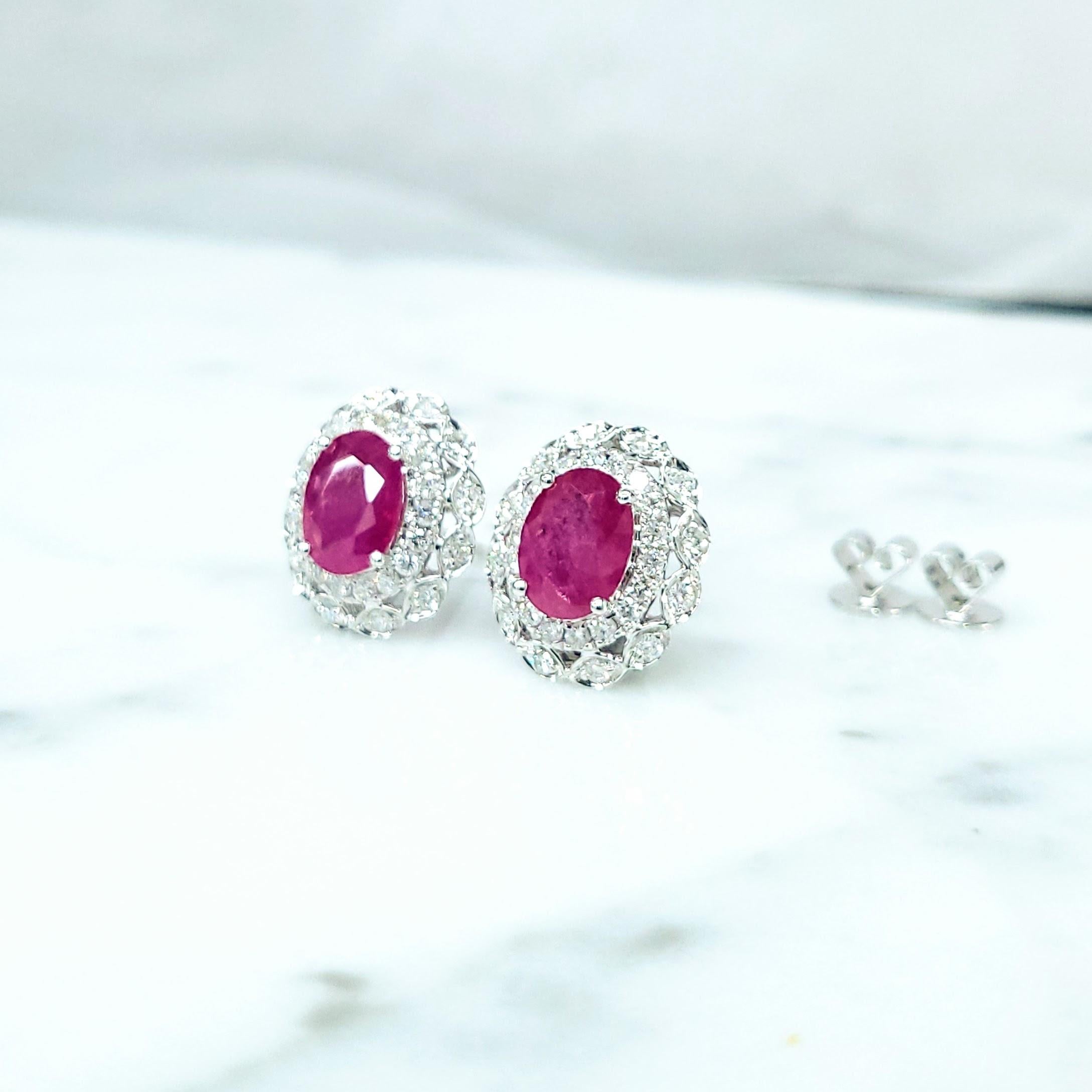 IGI Certified 2.96 Carat Burma Ruby & Diamond Earrings in 18K White Gold For Sale 3