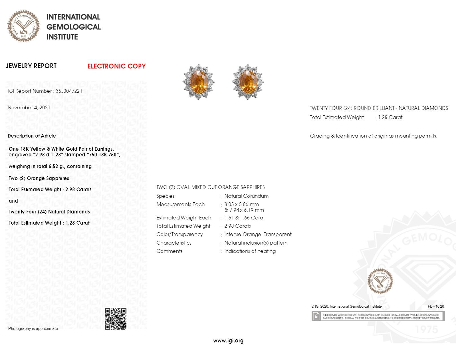 Pendientes de zafiro naranja y diamante de oro blanco de 18 quilates con certificado IGI de 2,98 quilates en venta 10