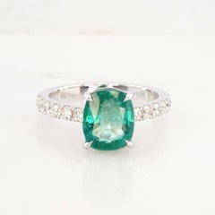 IGI Certified 3 Carat Cushion Green Emerald 18K White Gold Ring