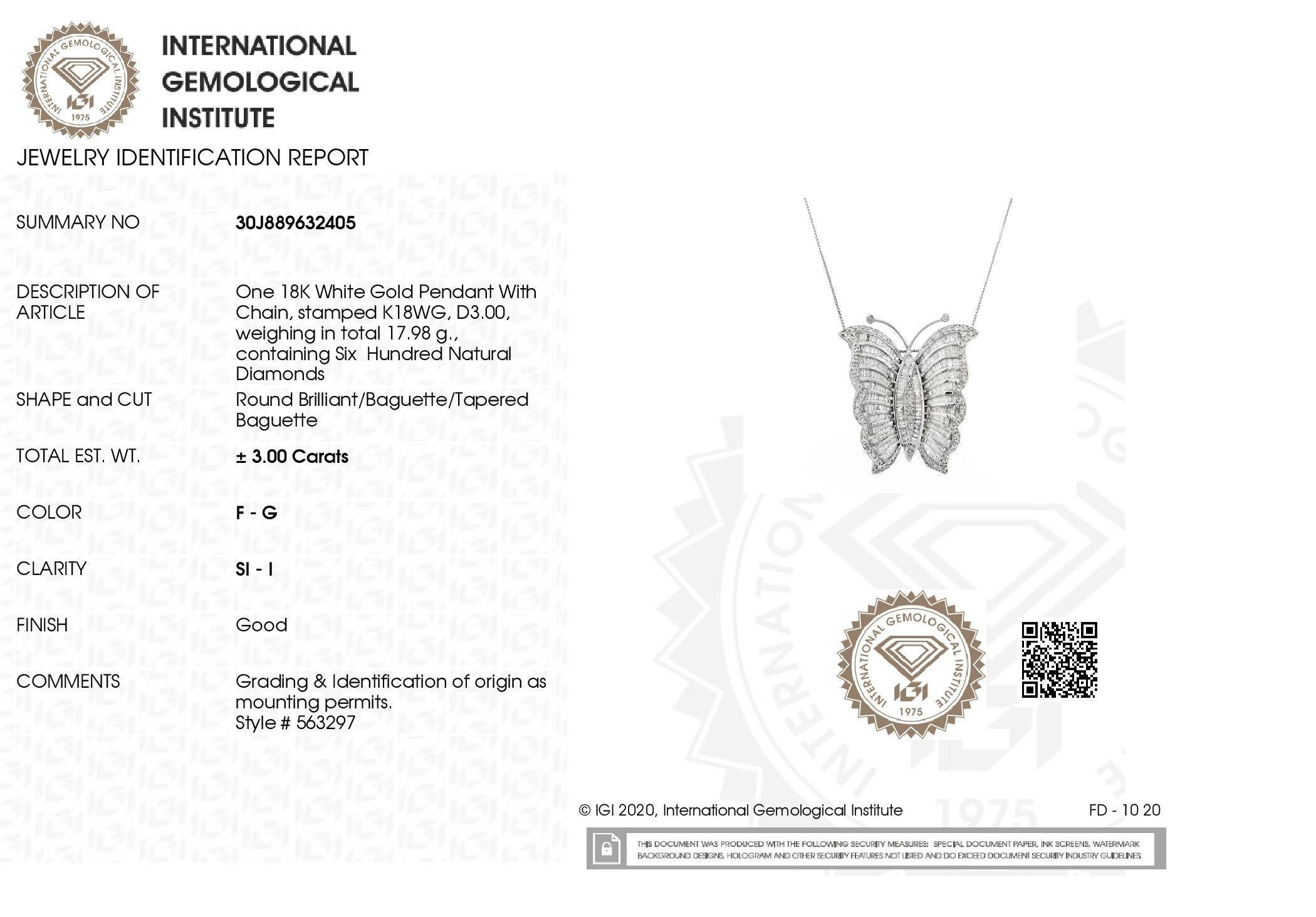 Mixed Cut IGI Certified 3.00ct Natural Diamonds 18K White Gold Necklace and Brooch For Sale