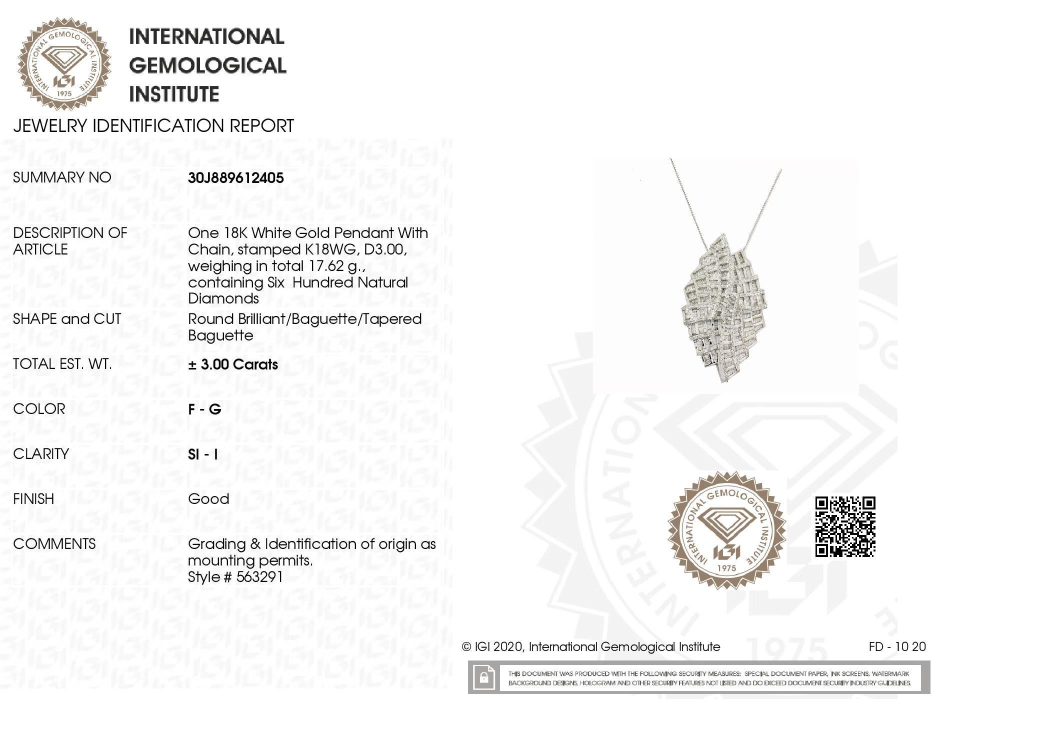 IGI Certified 3.00ct Natural Diamonds 18K White Gold Necklace and Brooch In New Condition For Sale In Hong Kong, HK
