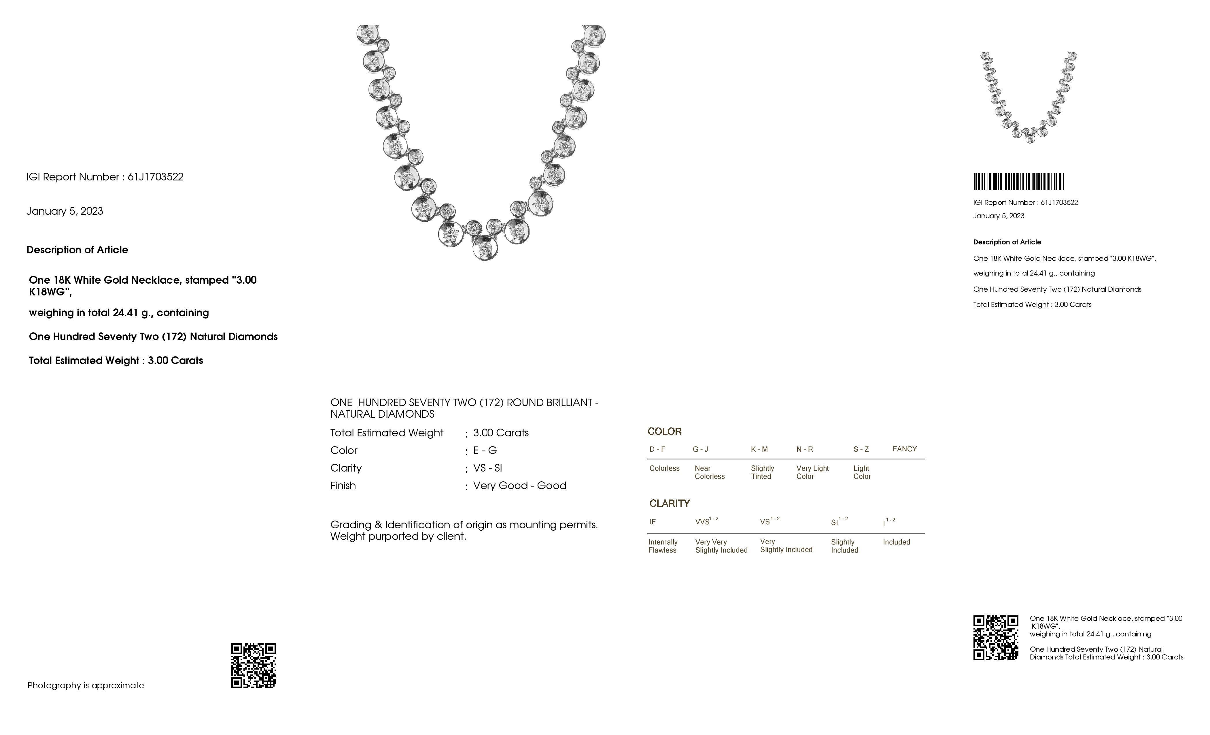 IGI Certified 3.00ct Natural Diamonds 18K White Gold Necklace In New Condition For Sale In Hong Kong, HK