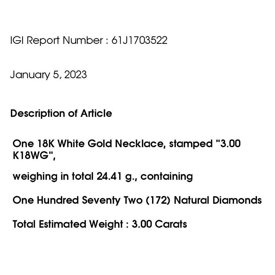 IGI Certified 3.00ct Natural Diamonds 18K White Gold Necklace For Sale 2