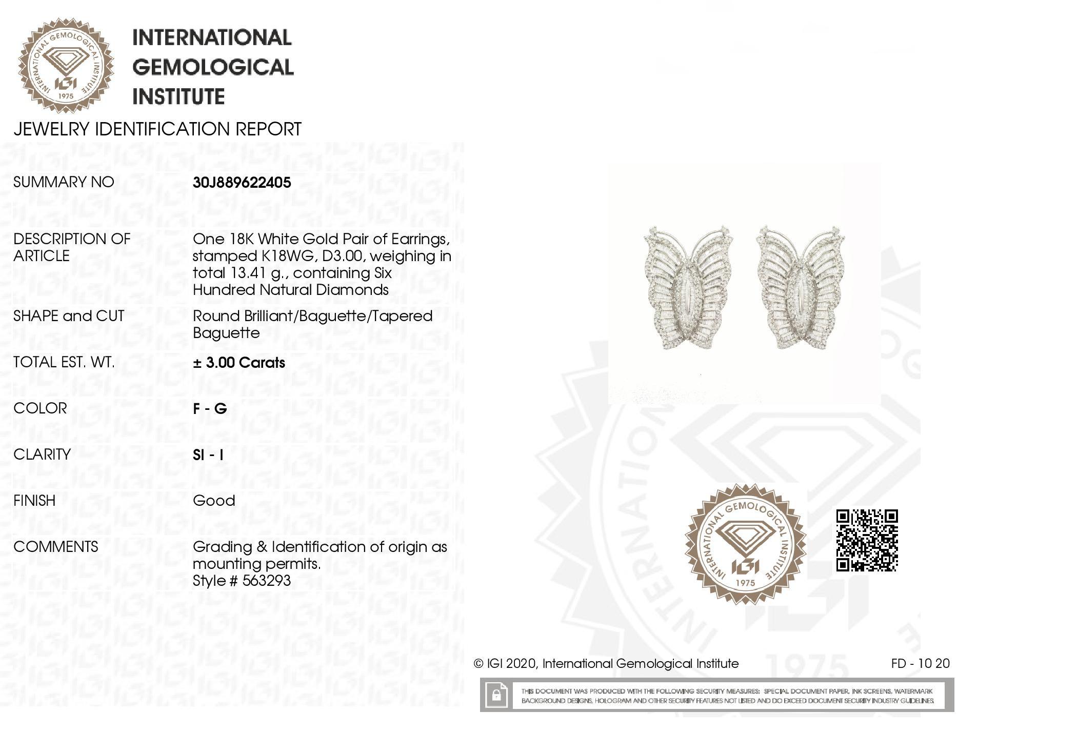Mixed Cut IGI Certified 3.00ct Natural Diamonds 18K White Gold Pair of Earrings For Sale