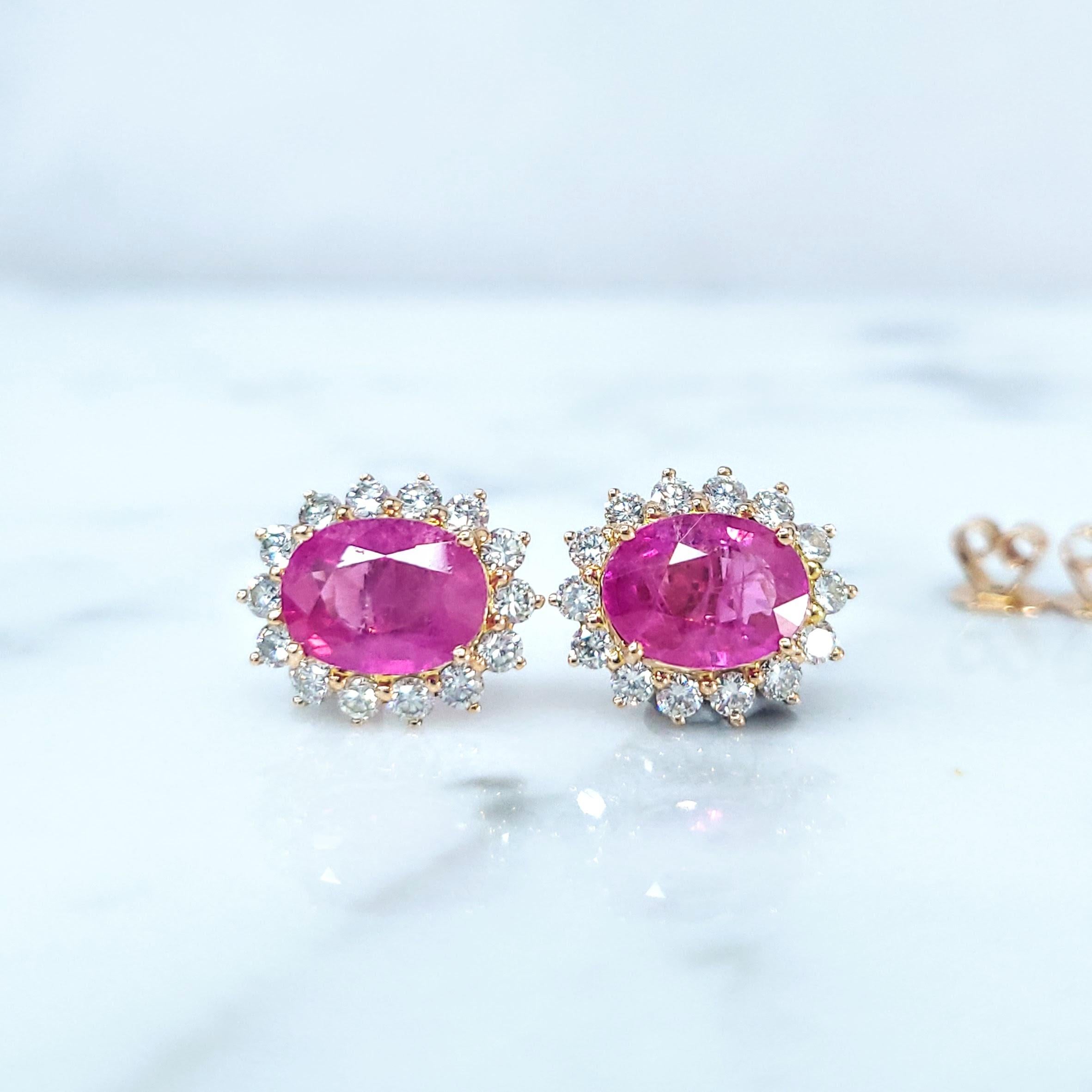 IGI Certified  3.01 Carat Burma Ruby & Diamond Earrings in 18K Pink Gold For Sale 2