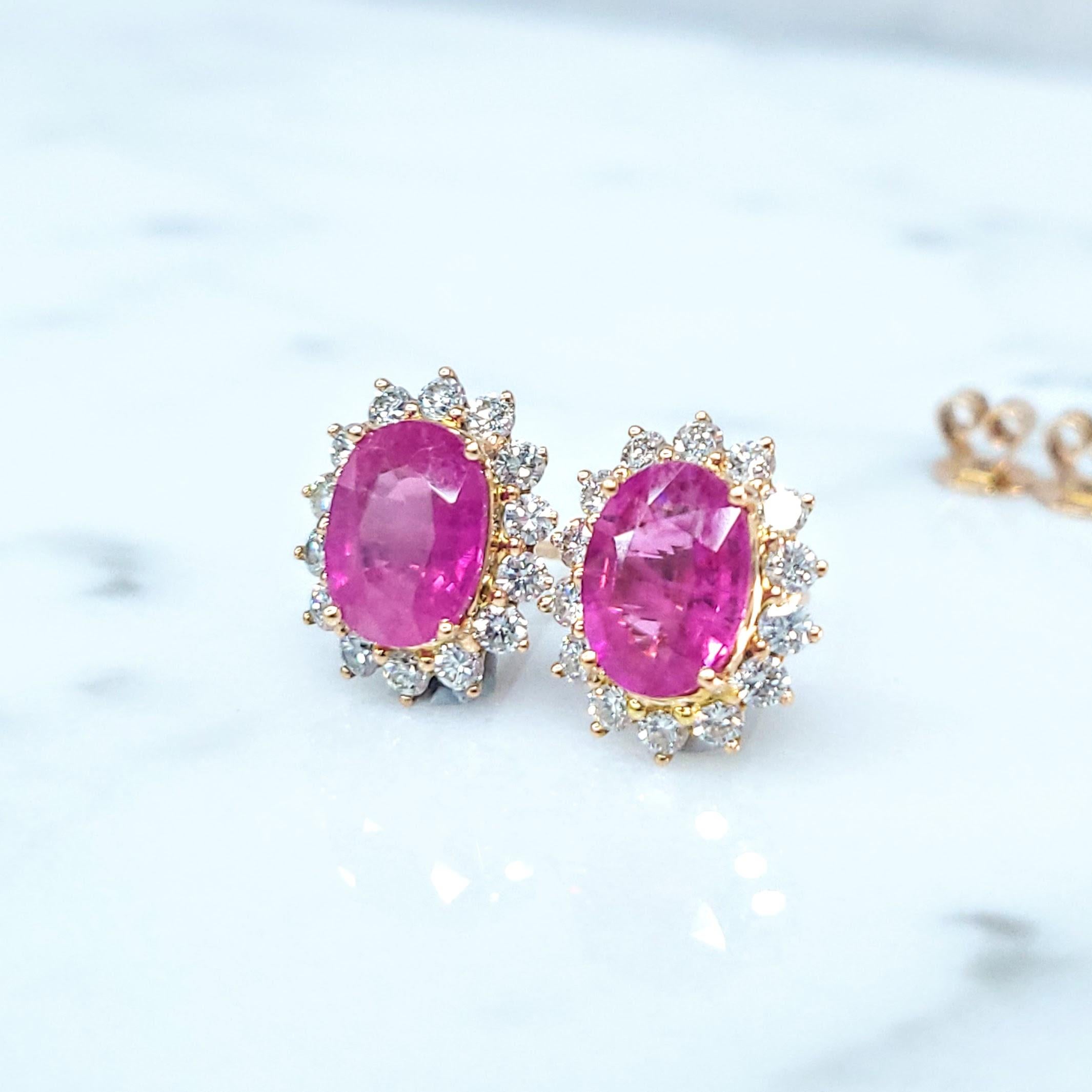 IGI Certified  3.01 Carat Burma Ruby & Diamond Earrings in 18K Pink Gold For Sale 3