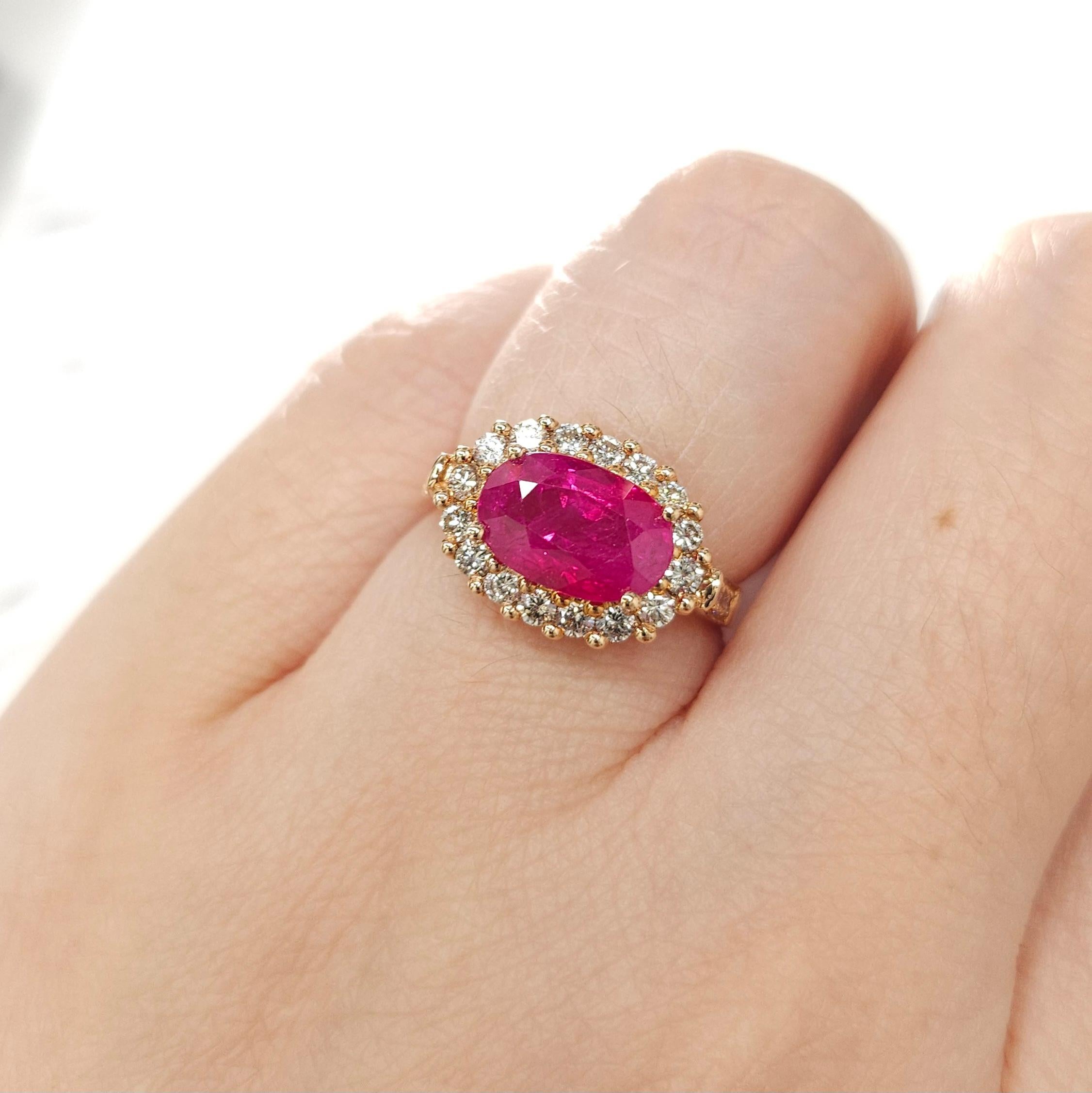 Experience the sheer elegance and modern sophistication of the IGI Certified 3.01 Carat ruby ring. This exquisite piece features a mesmerizing oval-shaped ruby, certified by the International Gemological Institute (IGI), renowned for its exceptional