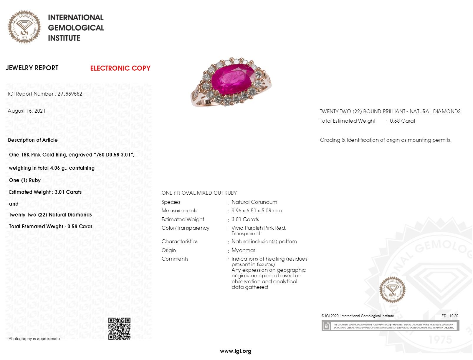 IGI Certified 3.01 Carat Burma Ruby & Diamond Ring in 18K Rose Gold In New Condition For Sale In KOWLOON, HK