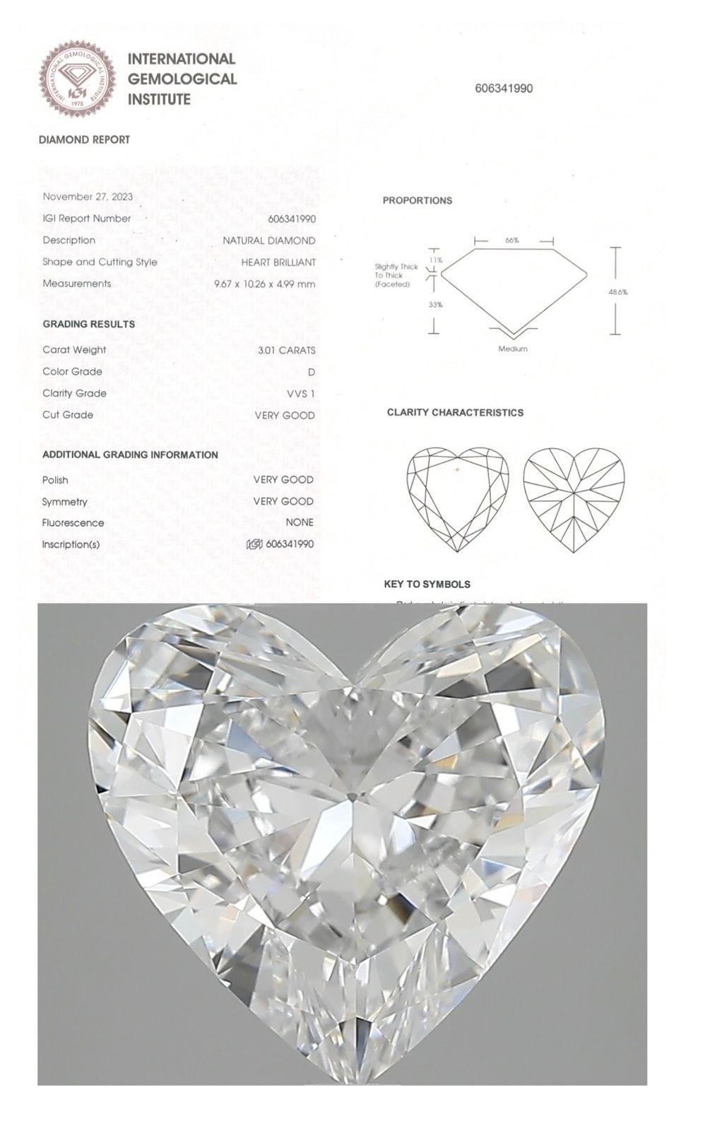 Heart Cut IGI Certified 3.01 Carats Heart Shaped Diamond  For Sale