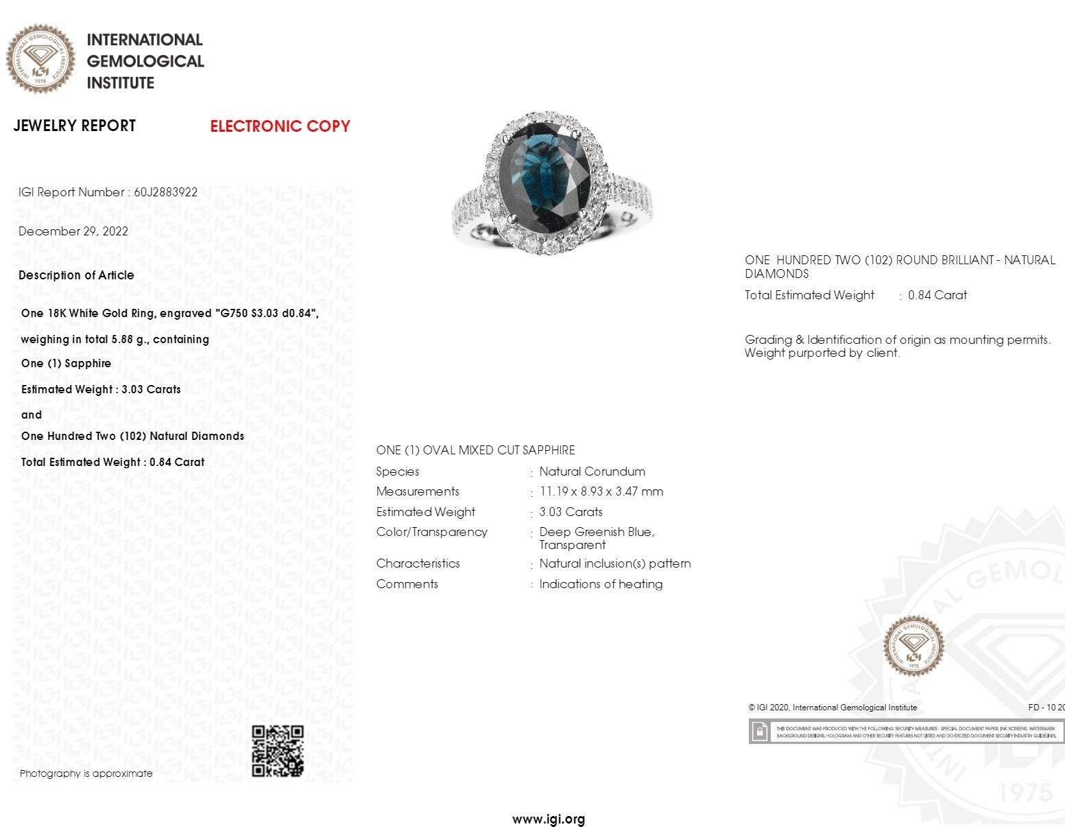 IGI Certified 3.03Carat Blue Sapphire & Diamond Ring in 18K White Gold For Sale 2