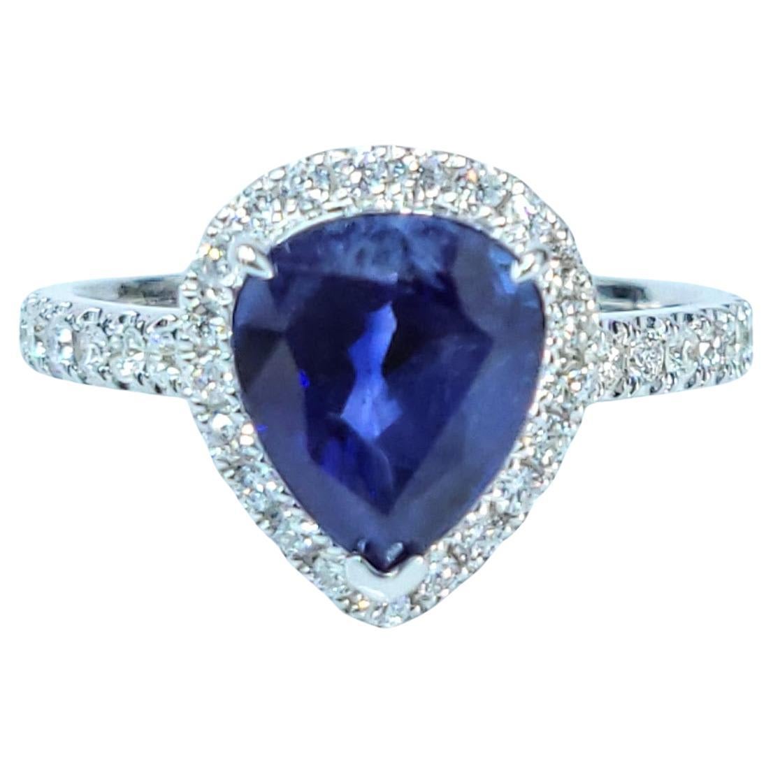 IGI Certified 3.05 Carat Blue Sapphire & Diamond Ring in 18K White Gold