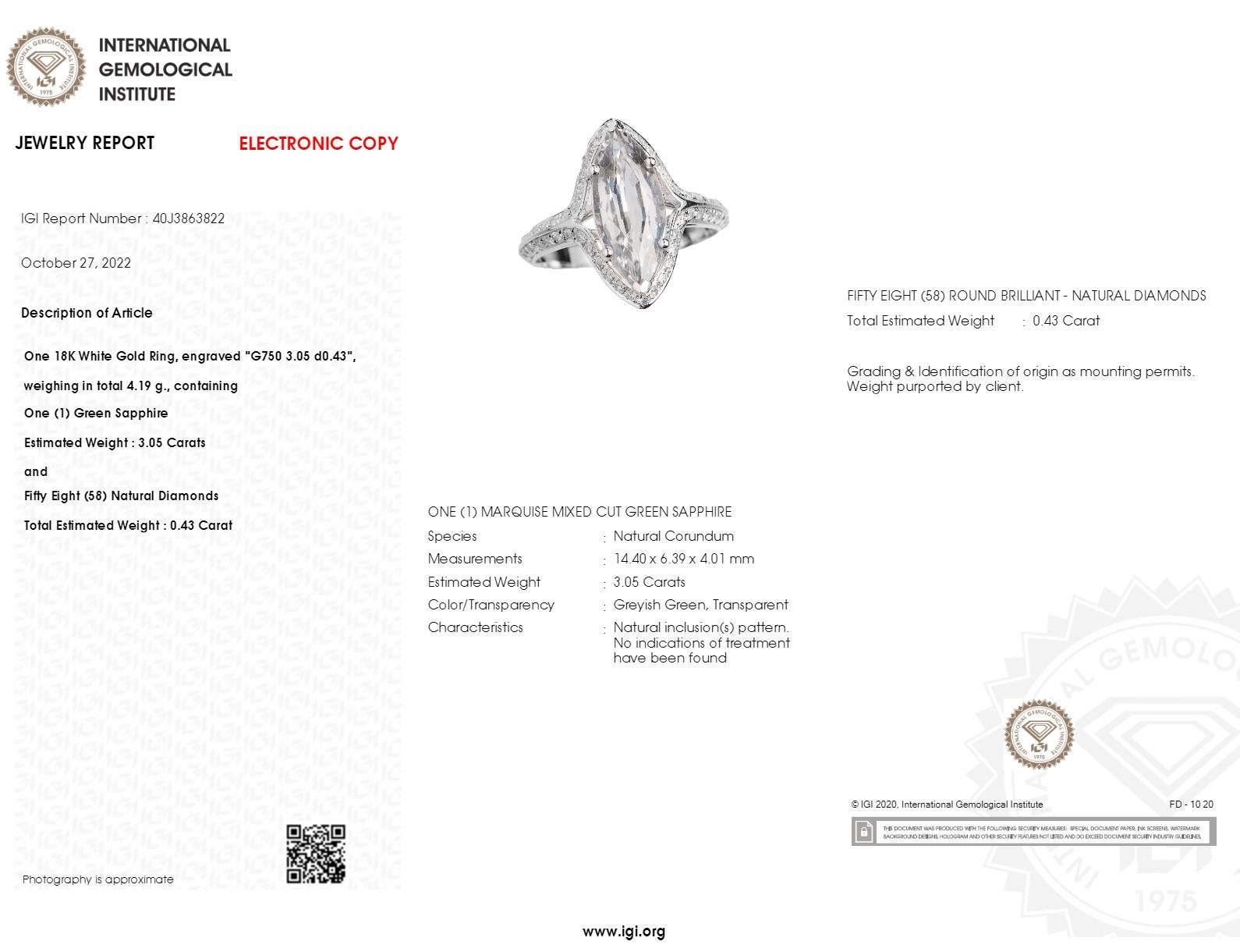 IGI Certified 3.05 Carat No heat Green Sapphire & Diamond Ring 18K White Gold For Sale 5