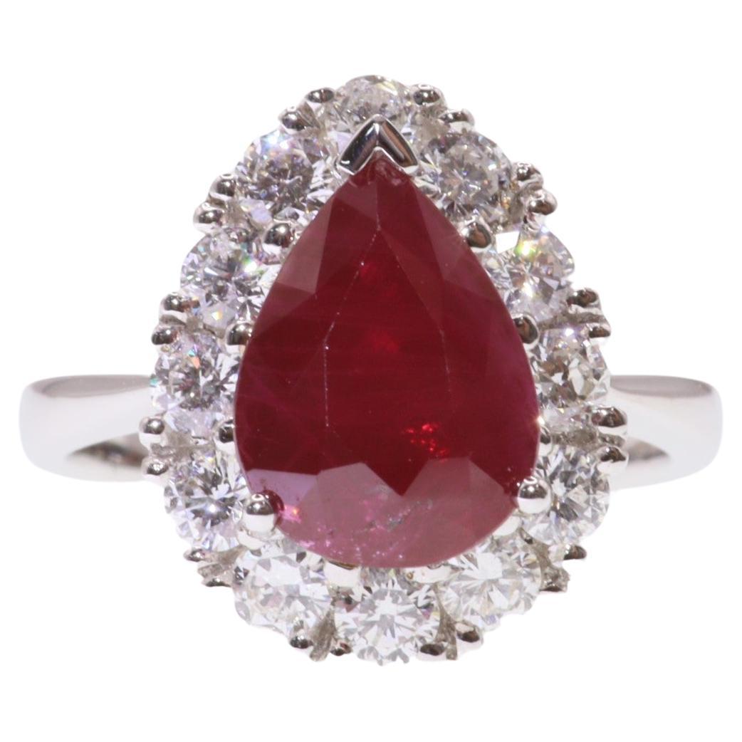 Pear Cut IGI Certified 3.05Carat Ruby & Diamond Ring in 18K White Gold For Sale