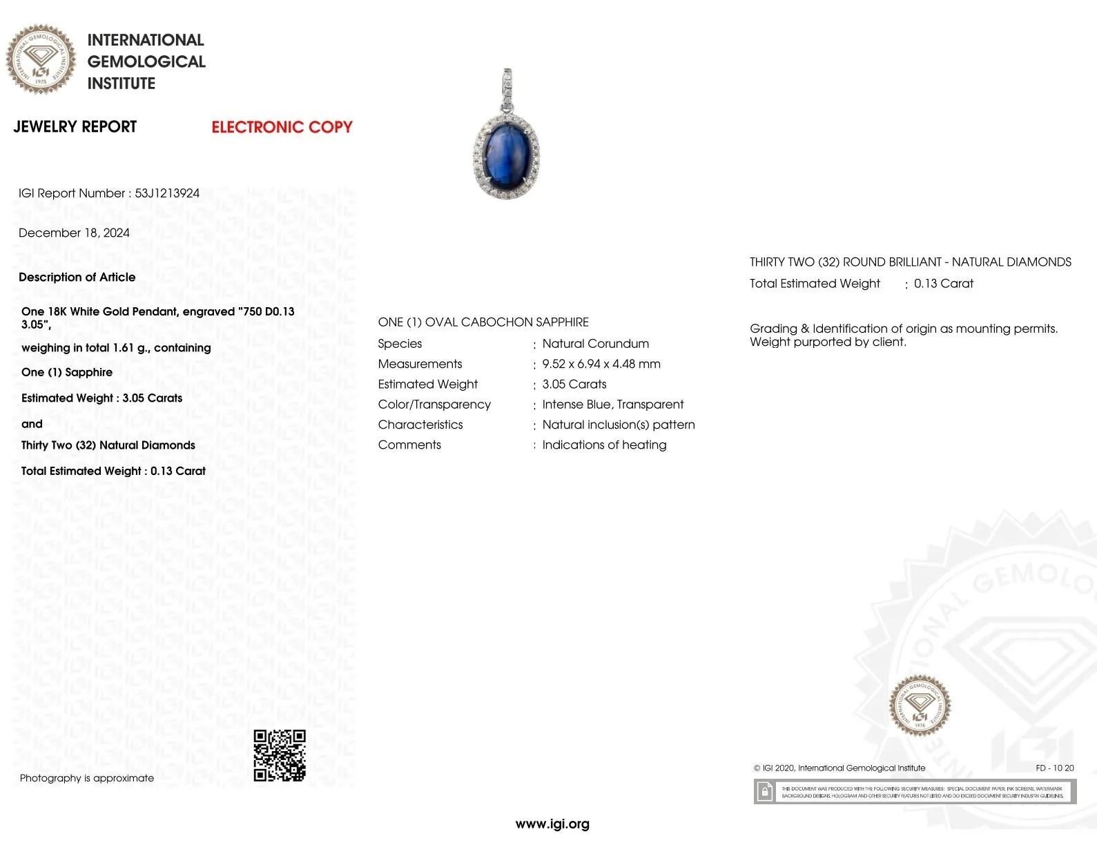 IGI-zertifizierter 3,05 Karat Saphir- und Diamant-Anhänger aus 18 Karat Weißgold (Moderne) im Angebot