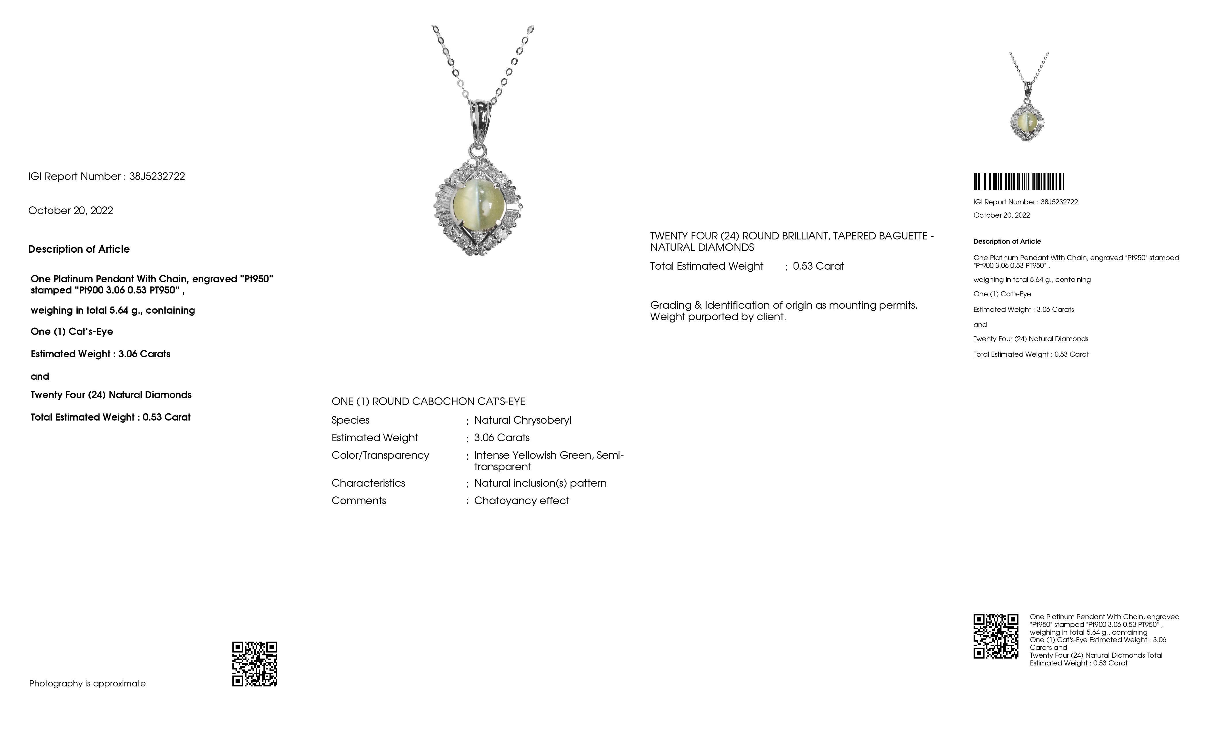Women's IGI Certified 3.06ct Natural Cat's-Eye 0.53ct Natural Diamonds Necklace
