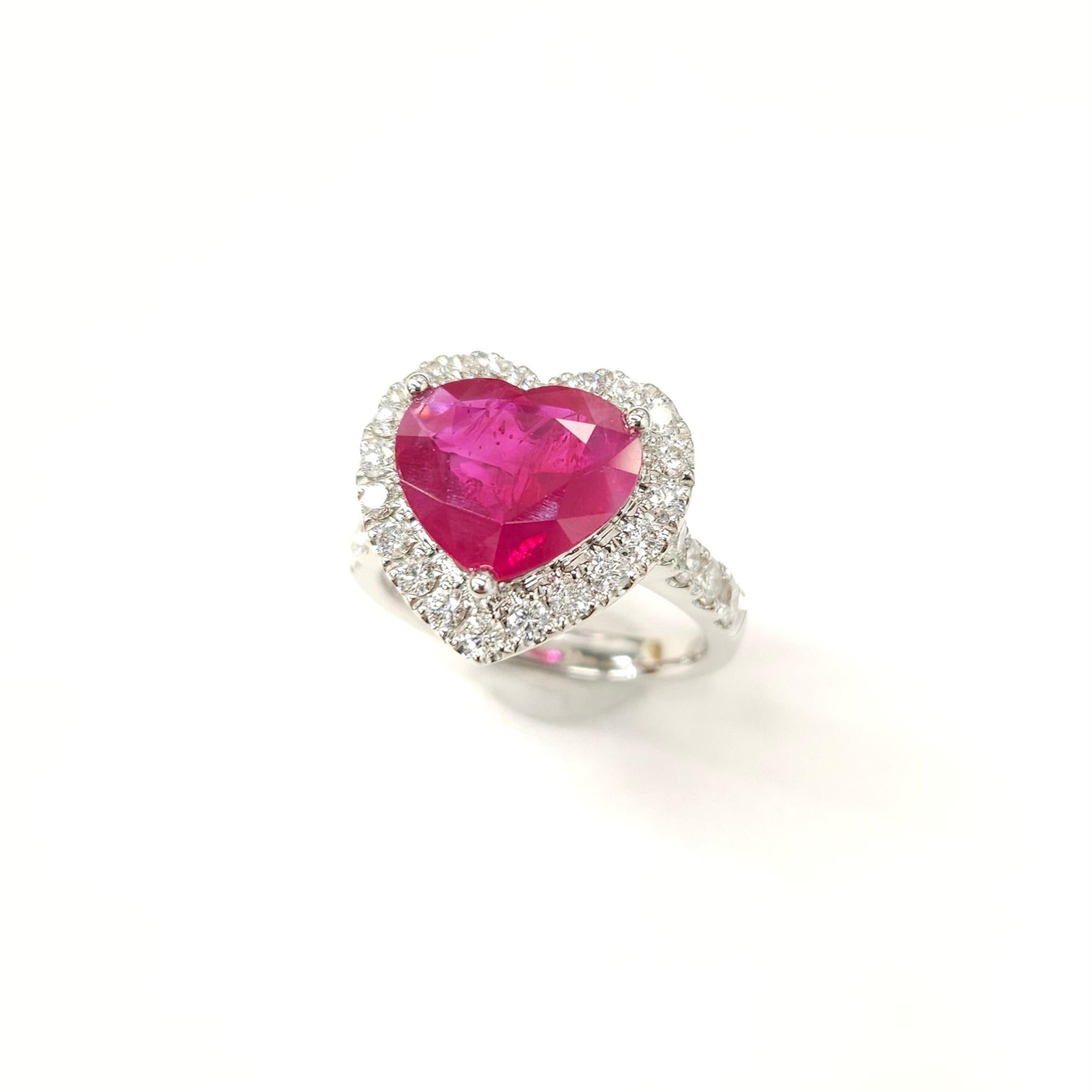 Heart Cut IGI Certified 3.08 Carat  Burma Ruby & Diamond Ring in 18K White Gold For Sale
