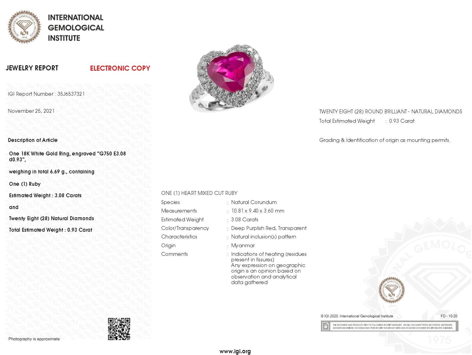 IGI Certified 3.08 Carat  Burma Ruby & Diamond Ring in 18K White Gold For Sale 2