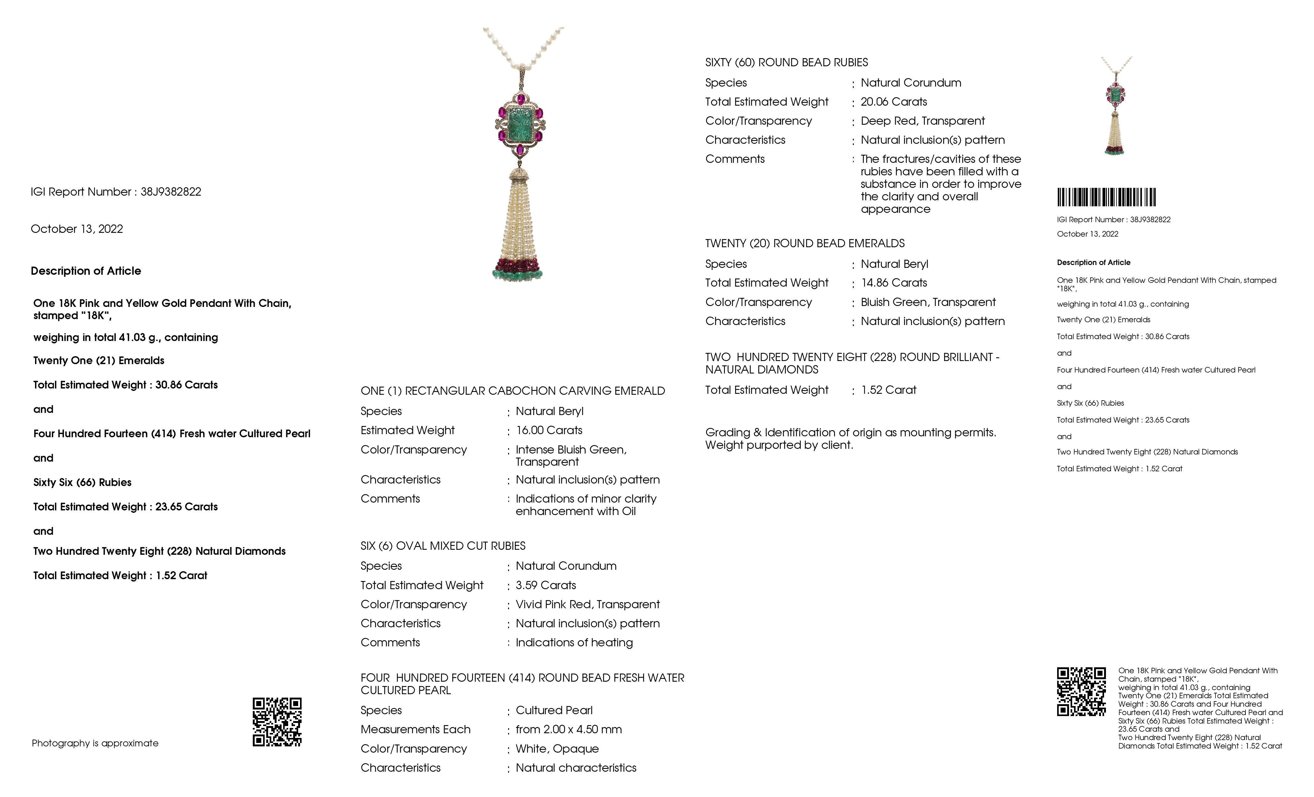 Cabochon IGI Certified 30.86ct Emerald 23.65 Rubies 1.52ct Diamonds and Pearls Necklace For Sale