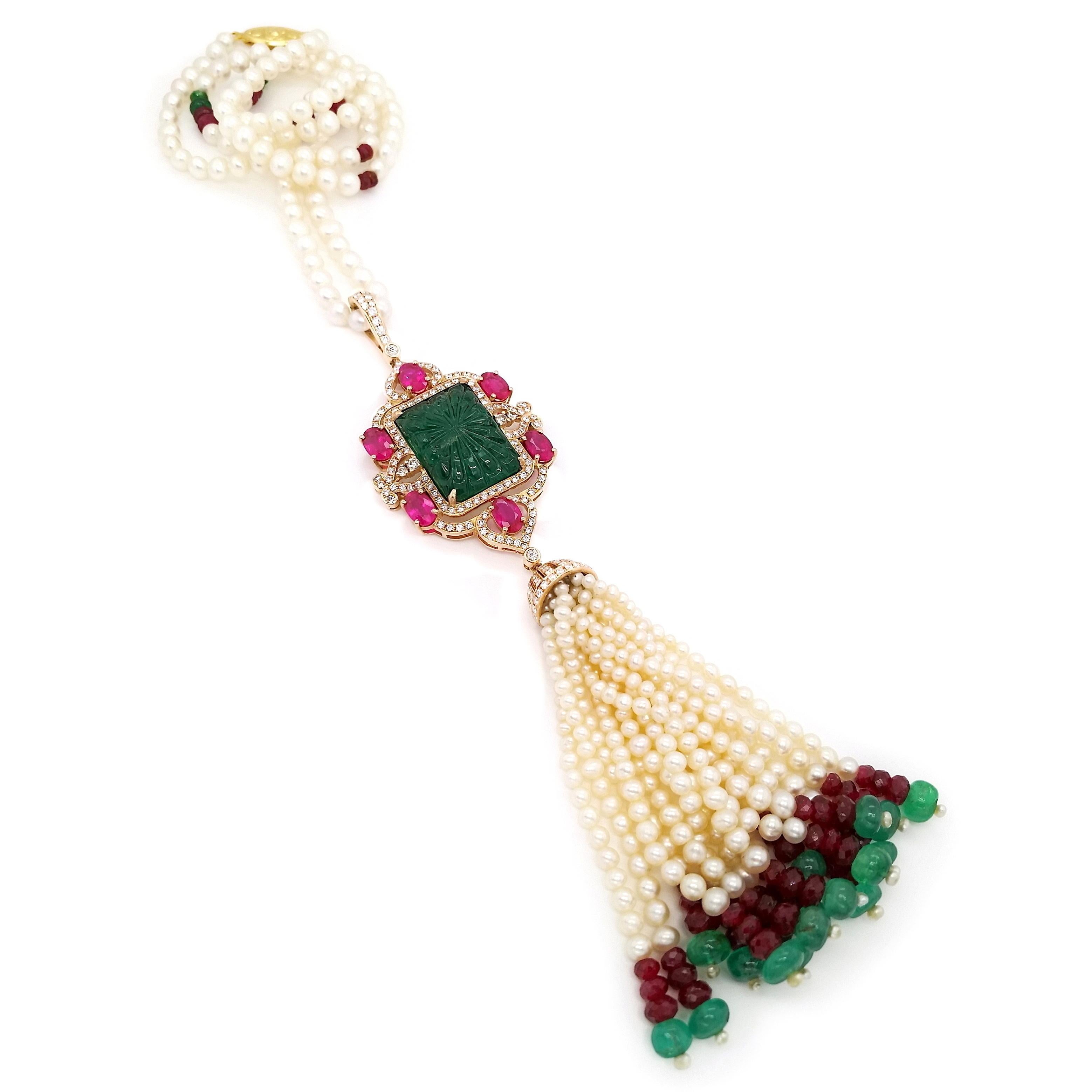 Women's IGI Certified 30.86ct Emerald 23.65 Rubies 1.52ct Diamonds and Pearls Necklace For Sale