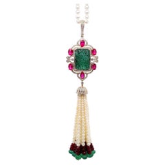 Halskette mit IGI-zertifiziertem 30,86 Karat Smaragd 23,65 Karat Rubine 1,52 Karat Diamanten und Perlen
