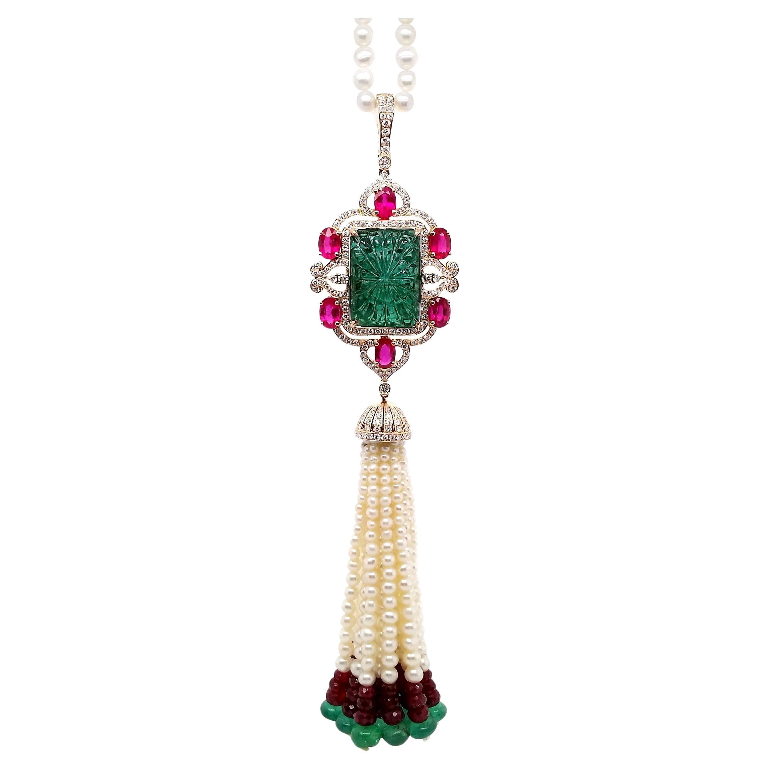 IGI Certified 30.86ct Emerald 23.65 Rubies 1.52ct Diamonds and Pearls Necklace