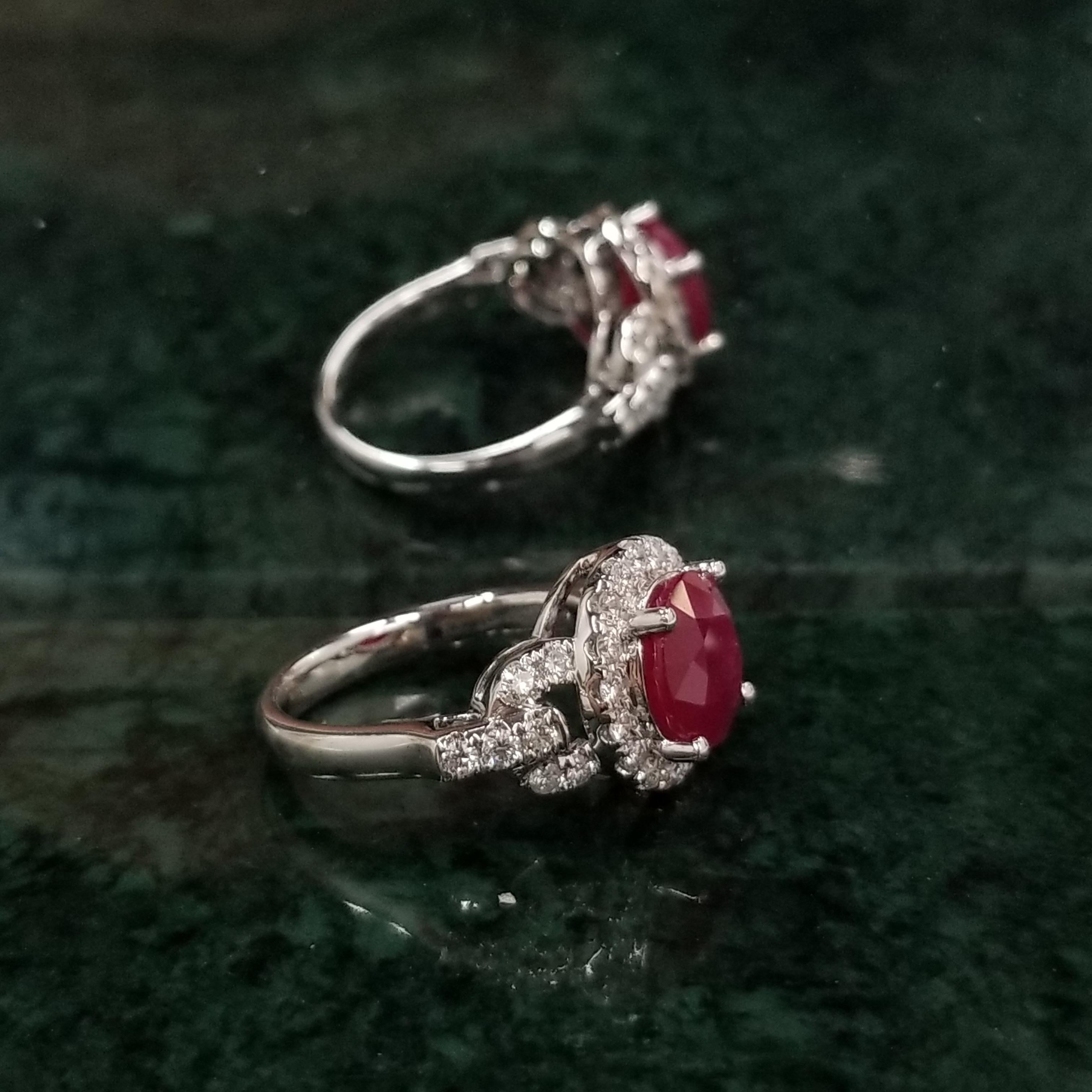 Women's IGI Certified 3.10 Carat  Burma Ruby & Diamond Ring in 18K White Gold For Sale