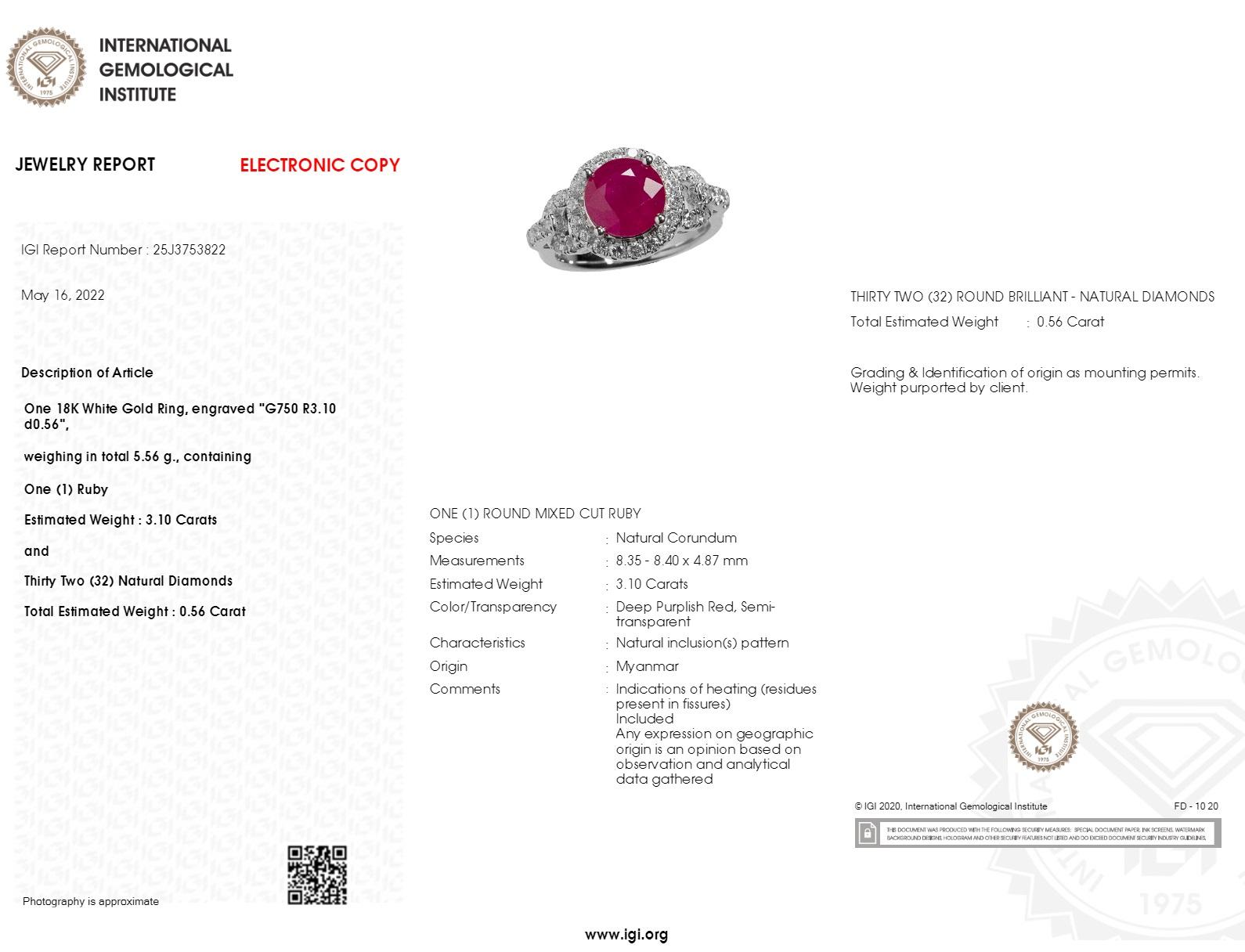 IGI Certified 3.10 Carat  Burma Ruby & Diamond Ring in 18K White Gold For Sale 1