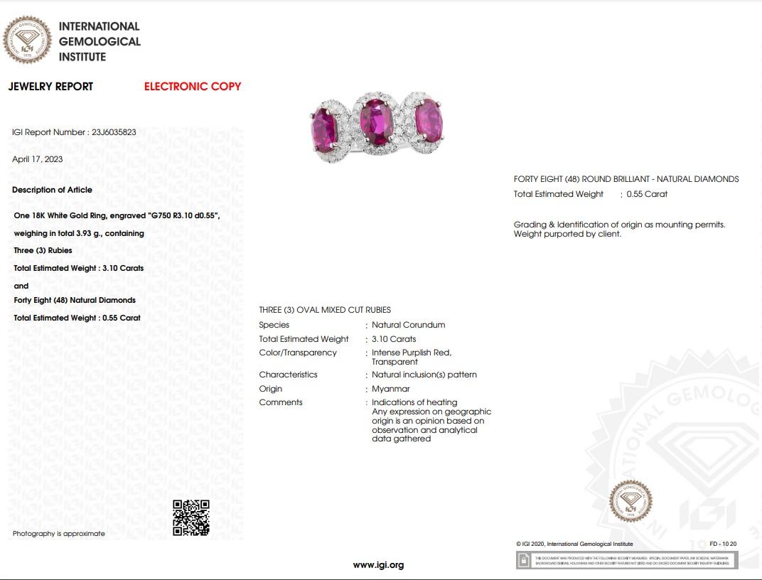 IGI Certificado Anillo Halo Triple de Rubí y Diamante de 3,10 Quilates en Oro Blanco de 18 quilates en venta 5