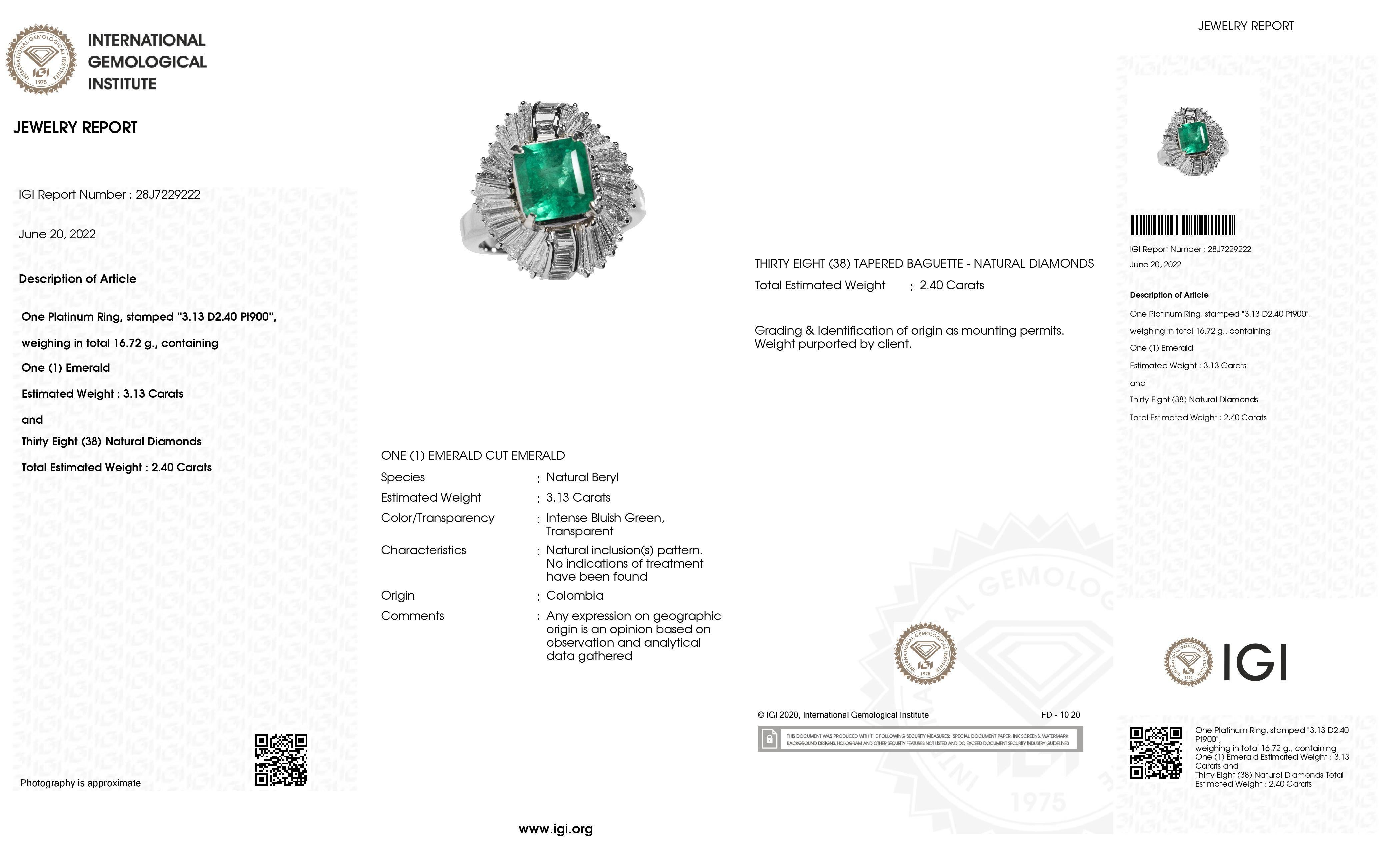 Bague en platine certifiée IGI, émeraude de Colombie non traitée de 3,13 carats et diamants de 2,40 carats en vente 2