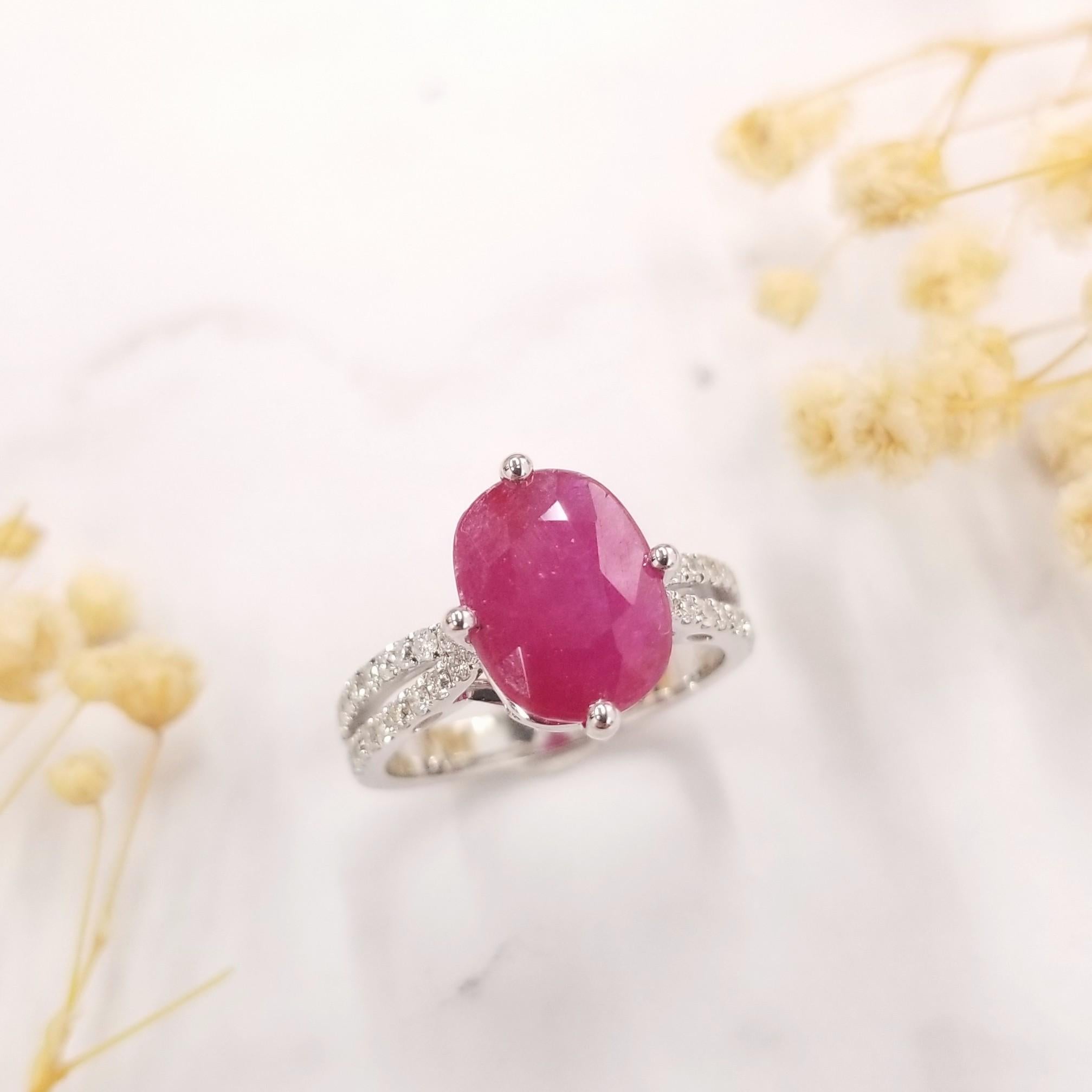Unheated rubies are sought after for their rarity in market. This 18k white gold ring featuring a 3.15 carat rare oval-shaped ruby is a great example of the completely untreated natural allure - intense red tones with the slightest hint of purple.